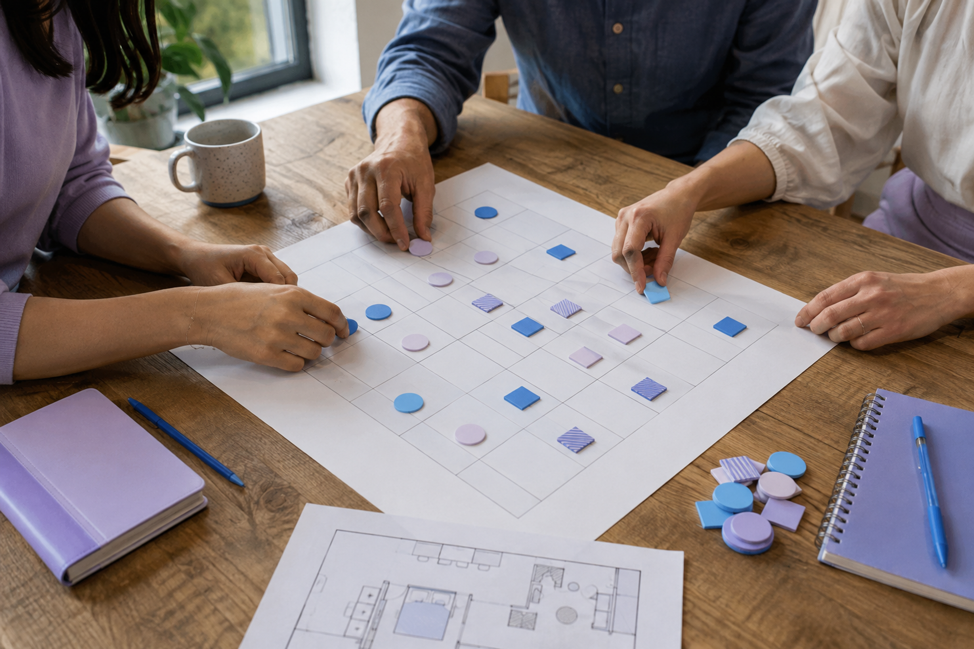 Three coworkers use distinct markers to map office, remote, leave, travel, and team-event states on an unlabeled weekly work location calendar.