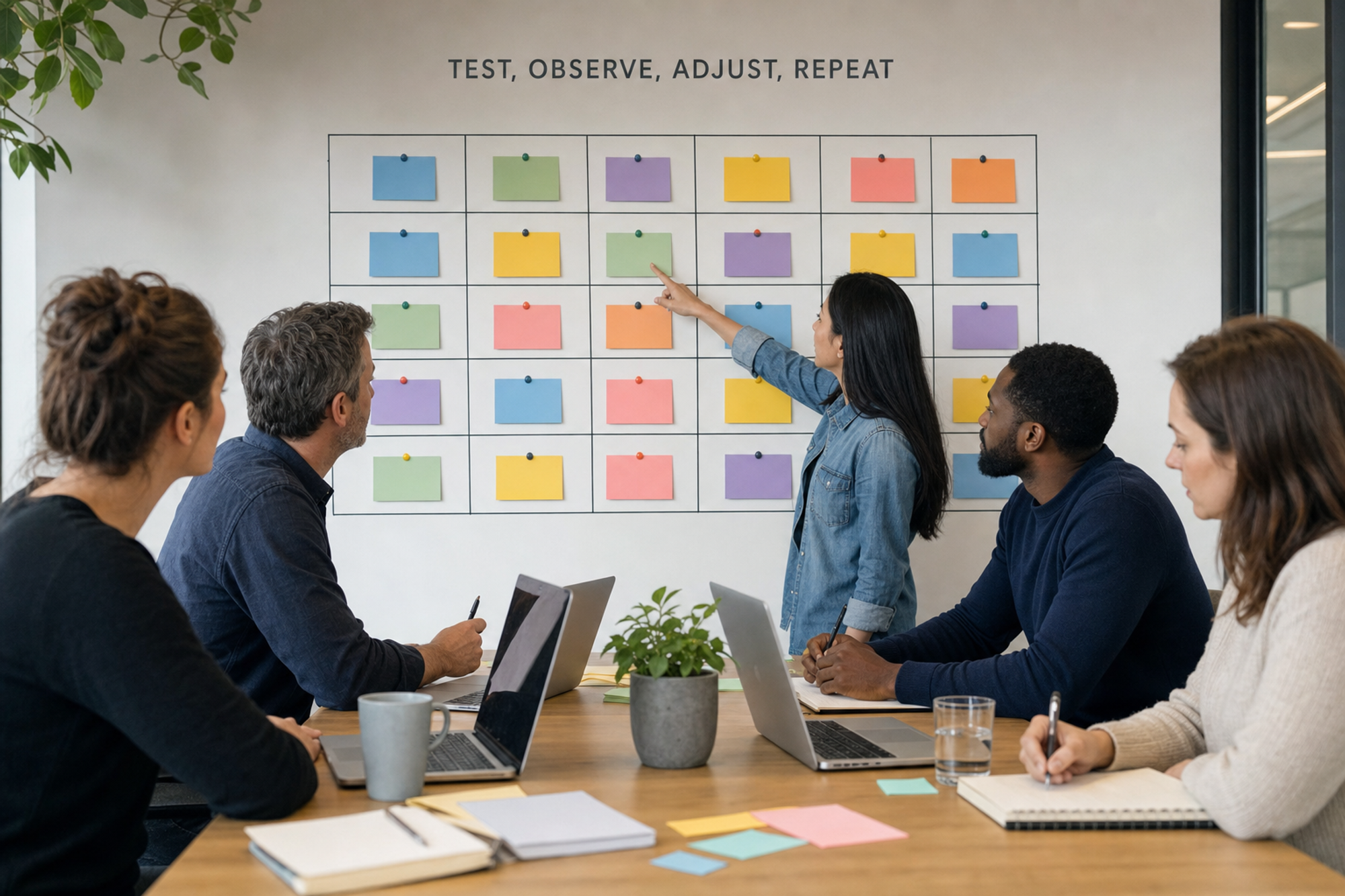 Five coworkers review a four-week planning board beneath the words Test, Observe, Adjust, Repeat.