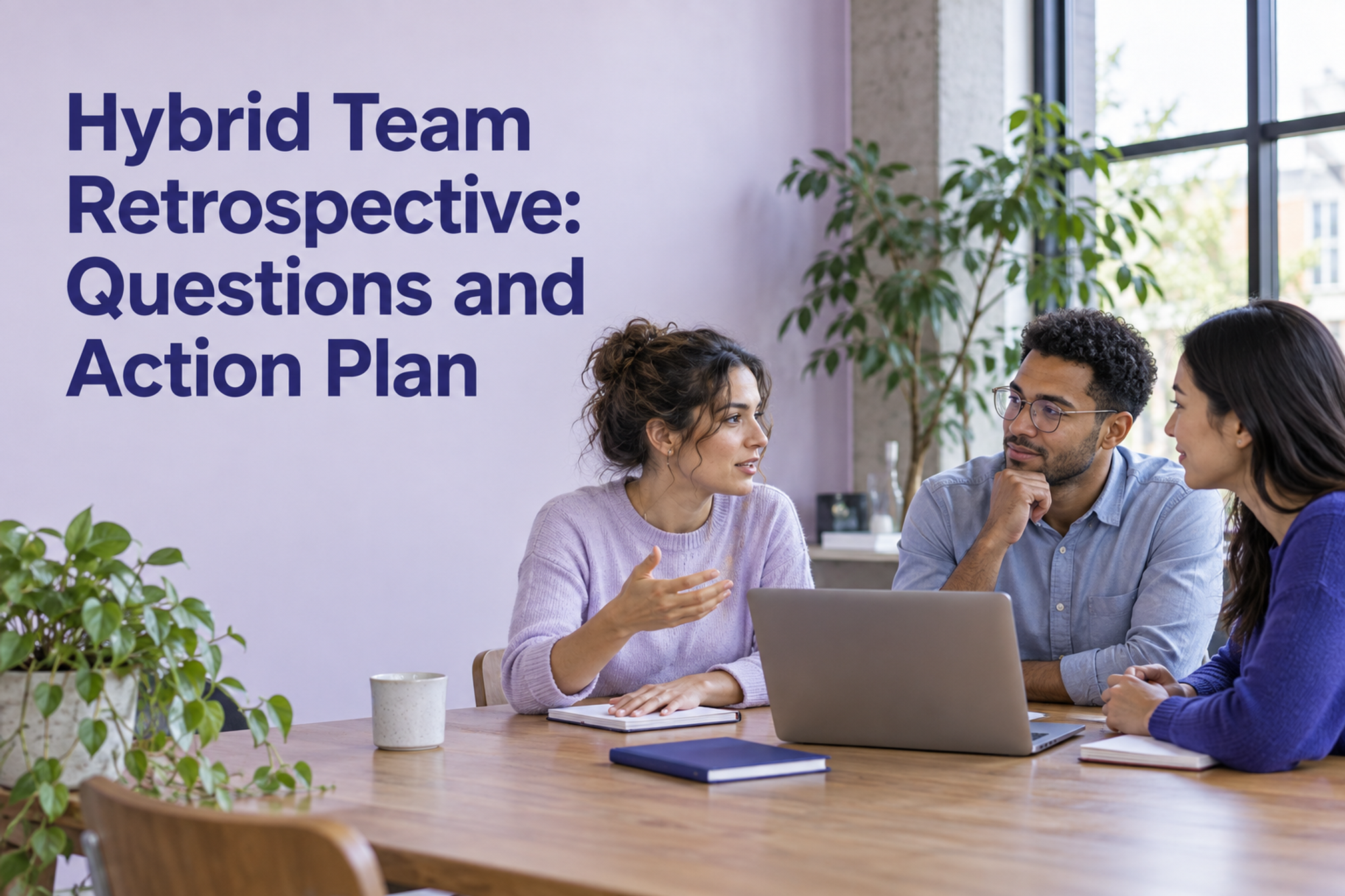 Three colleagues discuss their working habits beneath the title Hybrid Team Retrospective: Questions and Action Plan.