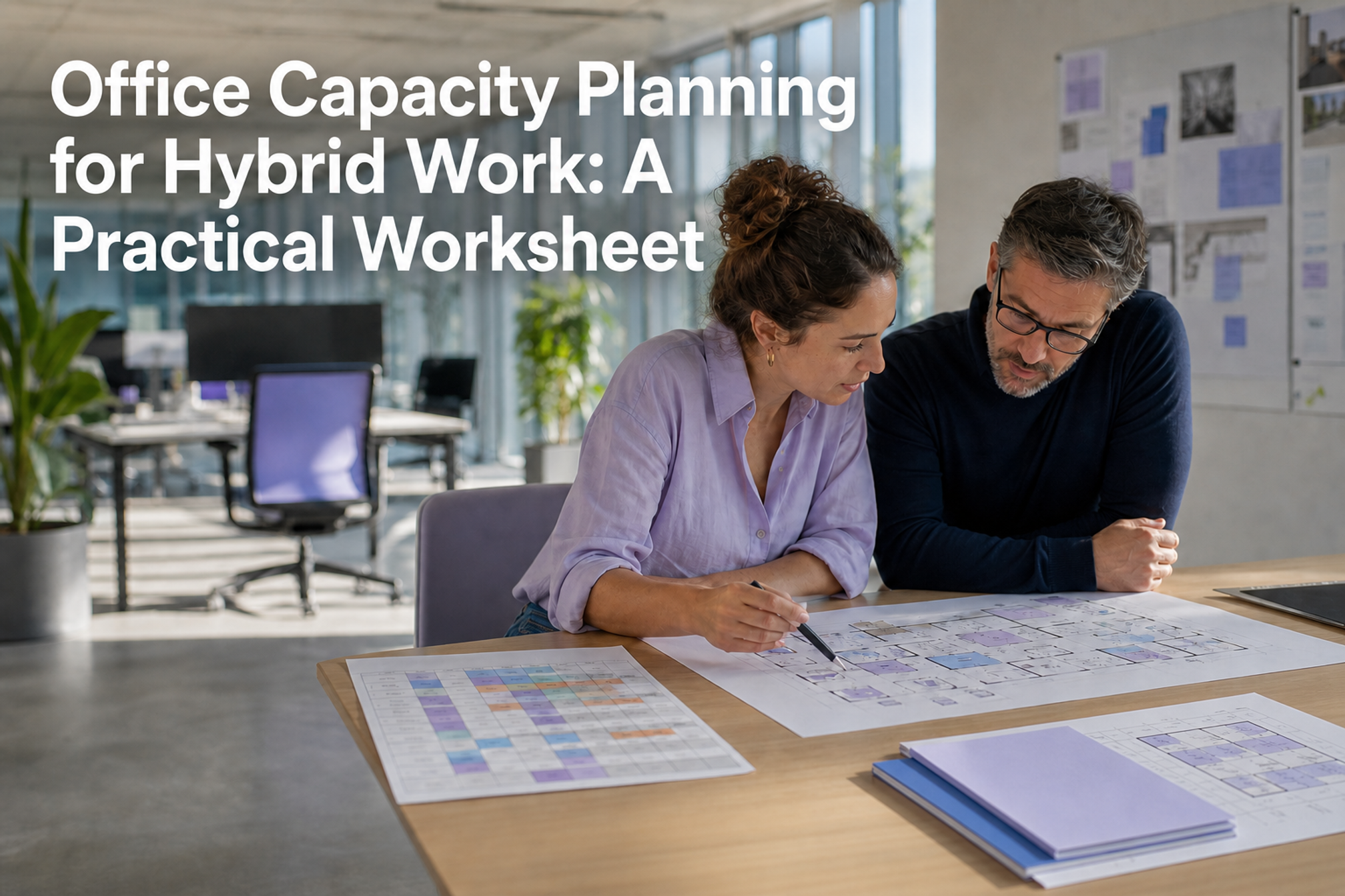 Two workplace operators review a floor plan and attendance sheet for hybrid office capacity planning.