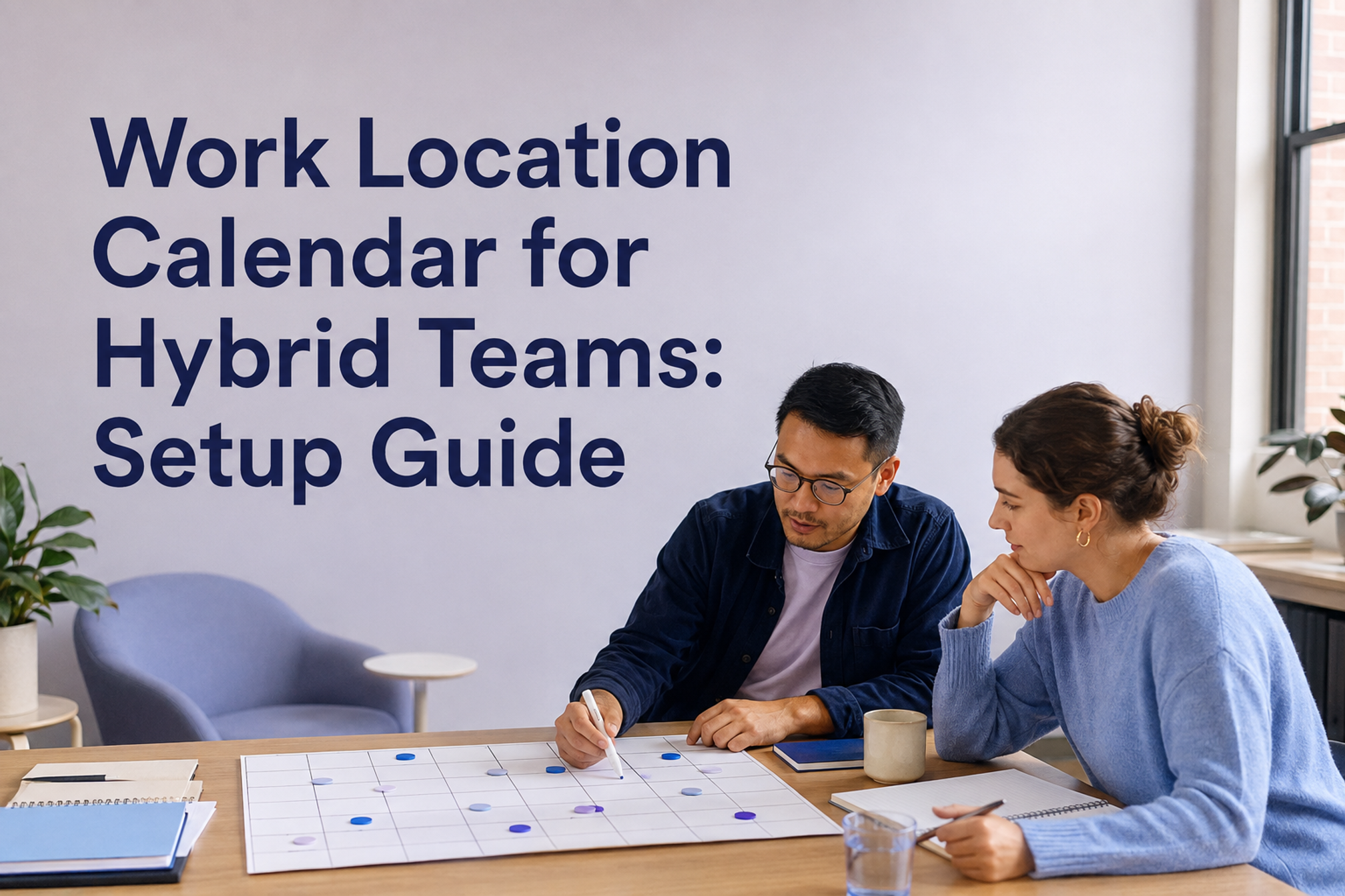 Two workplace operators plan a hybrid week beneath the title Work Location Calendar for Hybrid Teams: Setup Guide.
