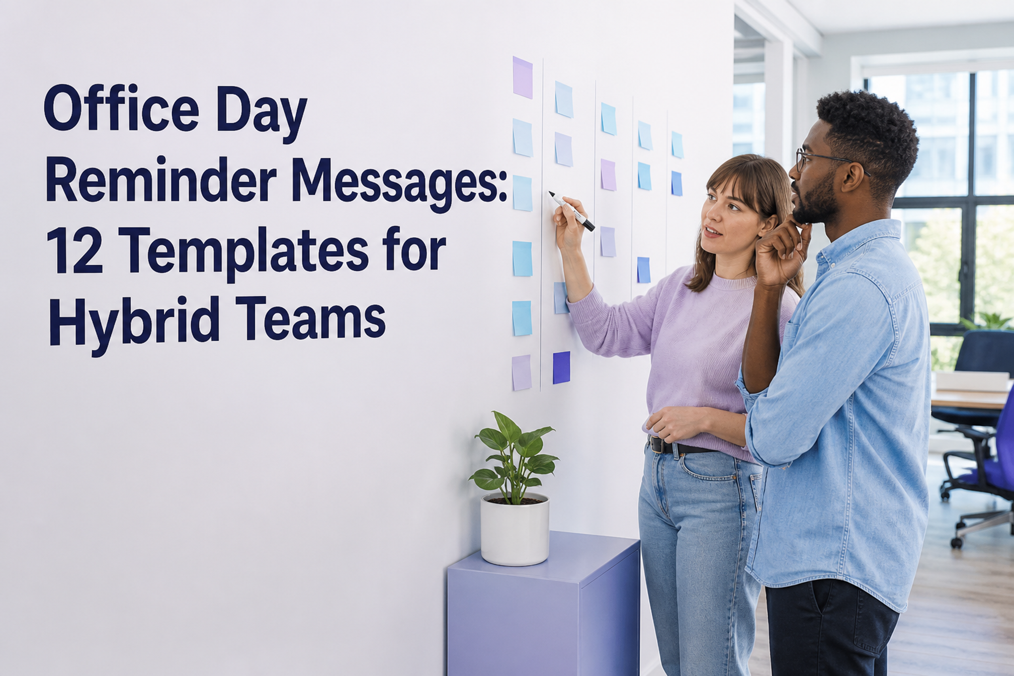 Two coworkers plan weekly office days beneath the title Office Day Reminder Messages: 12 Templates for Hybrid Teams.