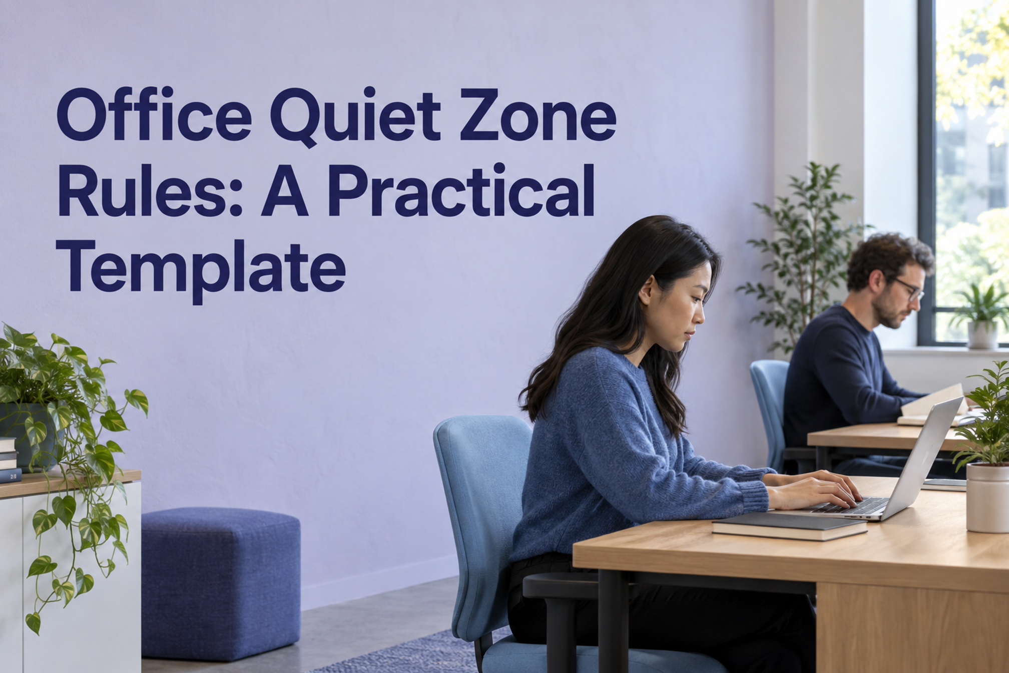 Colleagues work quietly at separate desks beneath the title Office Quiet Zone Rules: A Practical Template.
