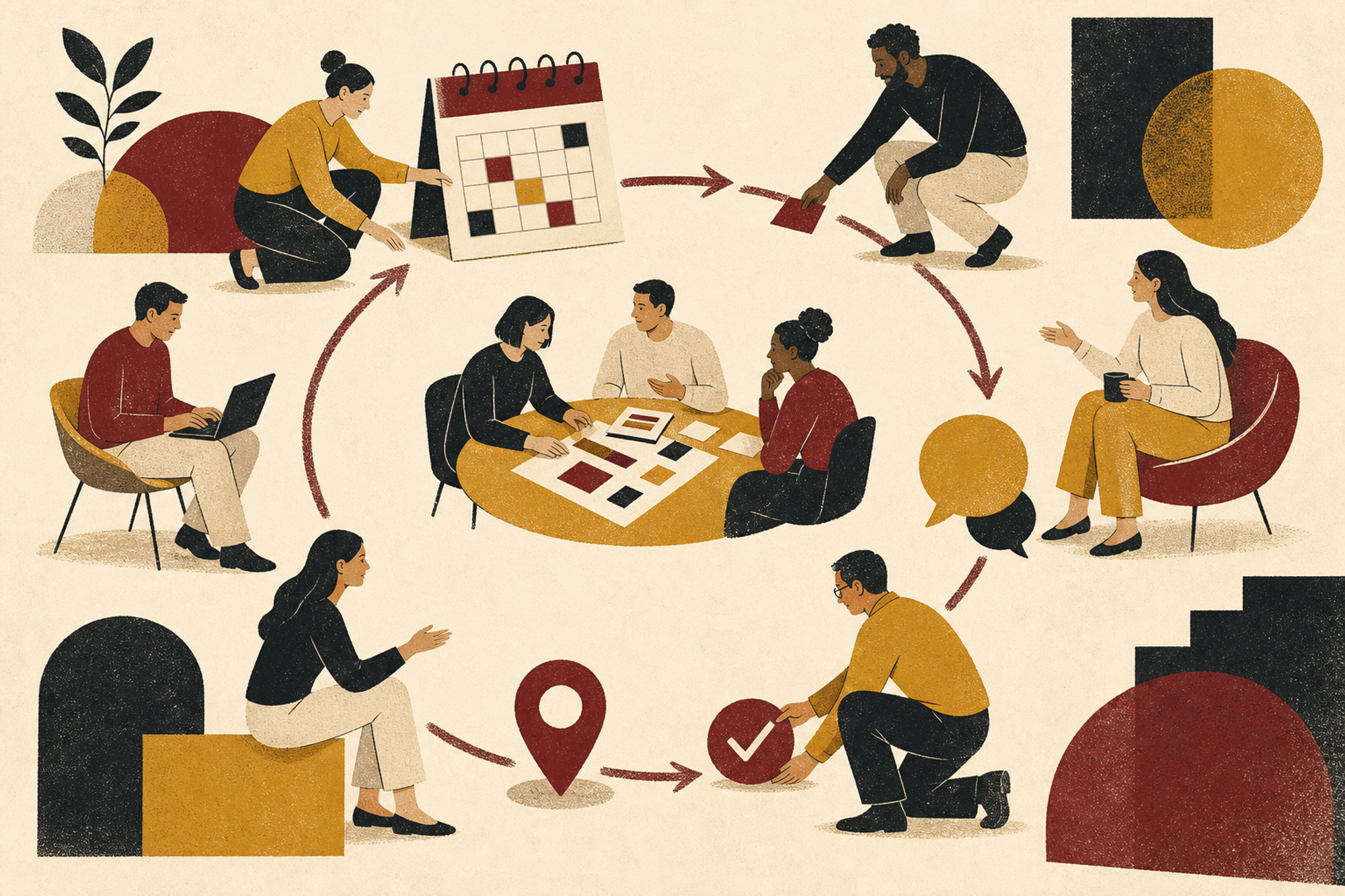 Editorial screenprint of coworkers moving through a circular review process involving a calendar, shared table, communication, location choice and a final check.