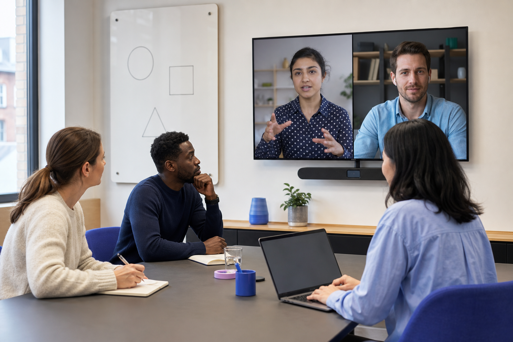 Three in-room coworkers listen to a remote colleague during a facilitated hybrid meeting.