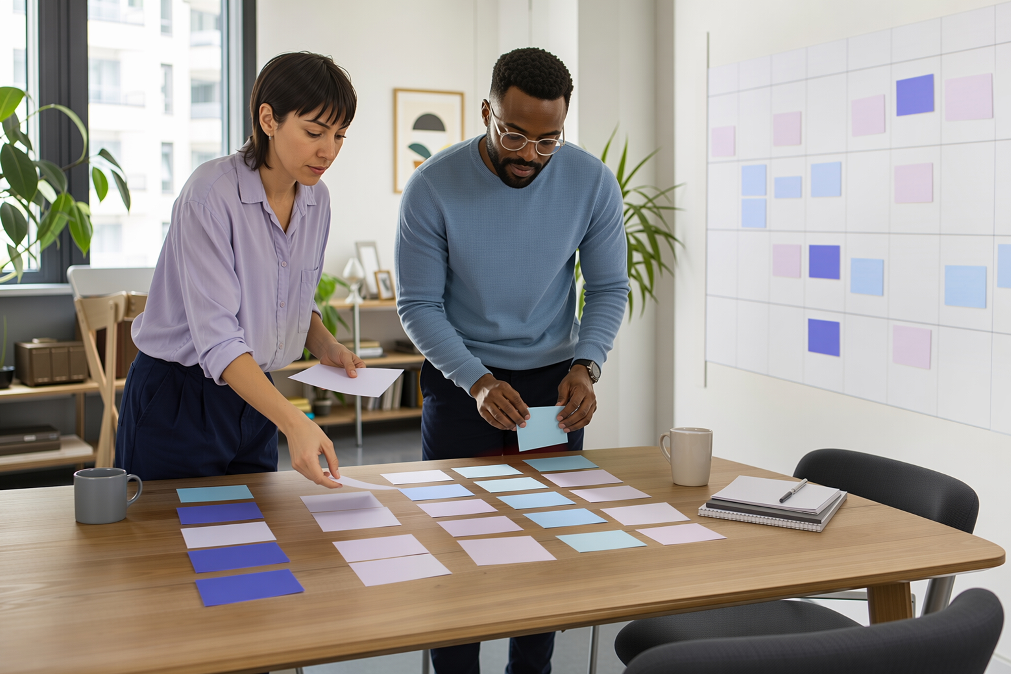 A People Ops lead and hiring manager map a new hire’s first-month activities with blank color-coded planning notes.