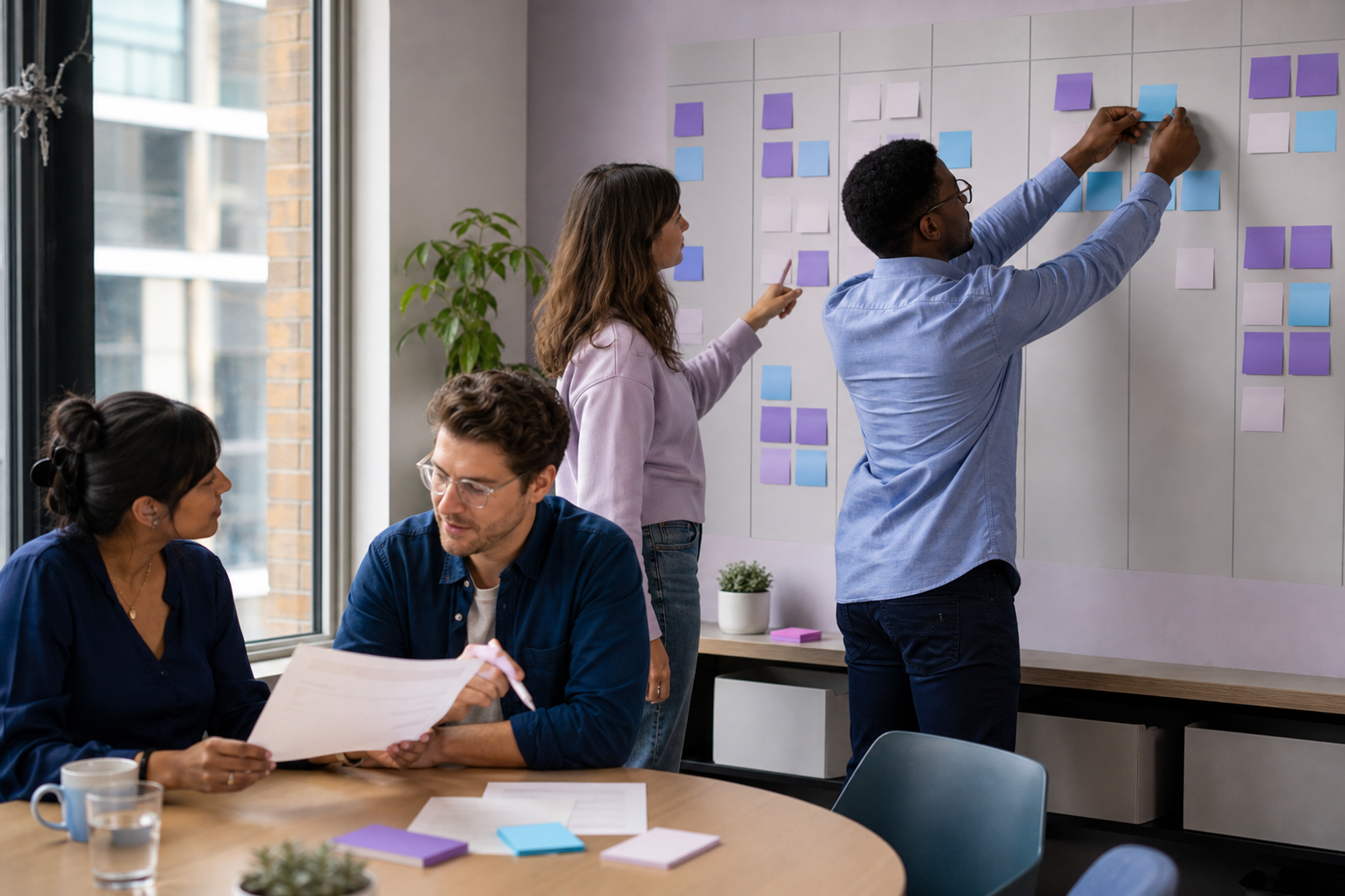 Coworkers review their office-day plans together around a weekly planning wall in a bright contemporary office.