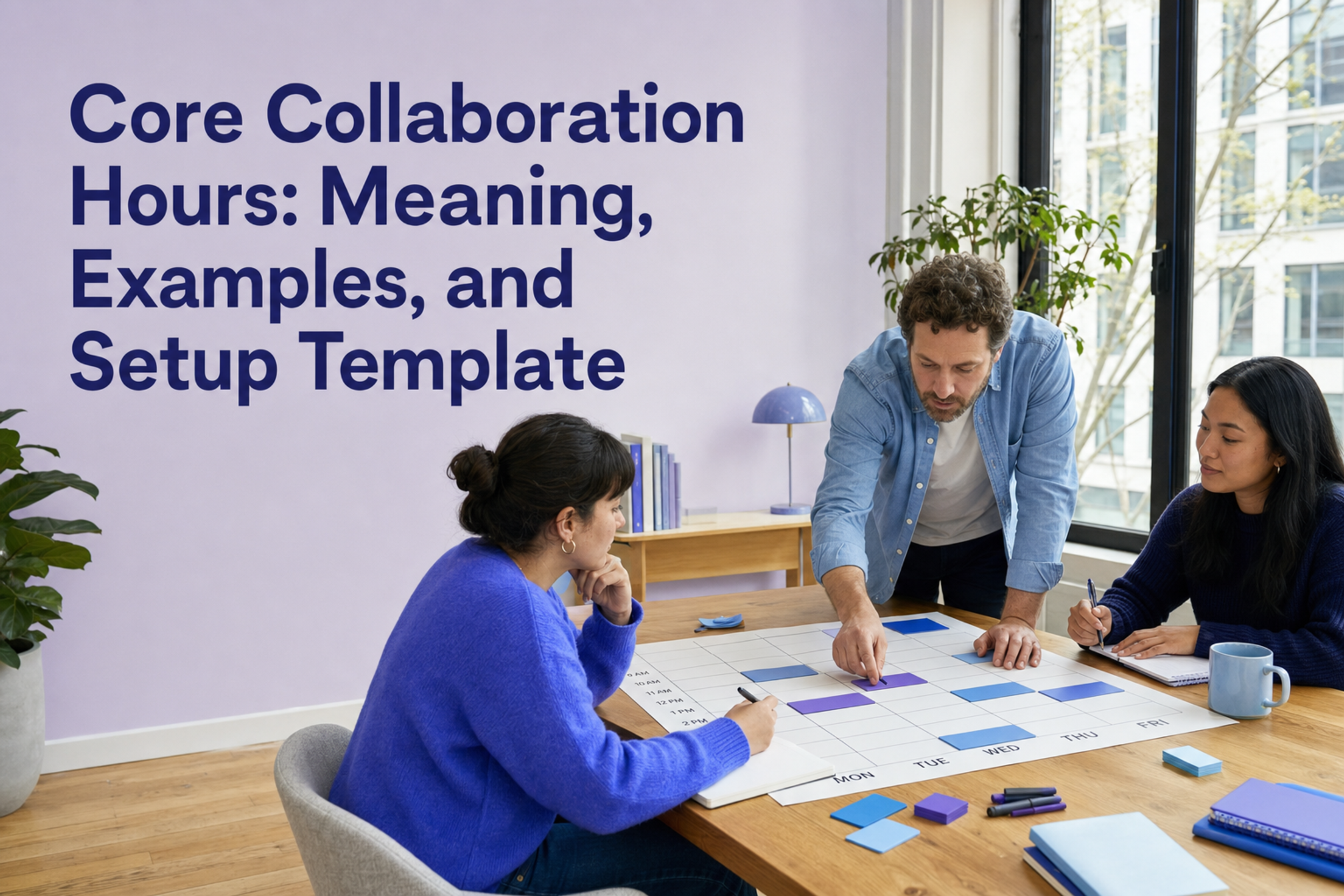 Three coworkers plan shared availability beneath the title Core Collaboration Hours: Meaning, Examples, and Setup Template.