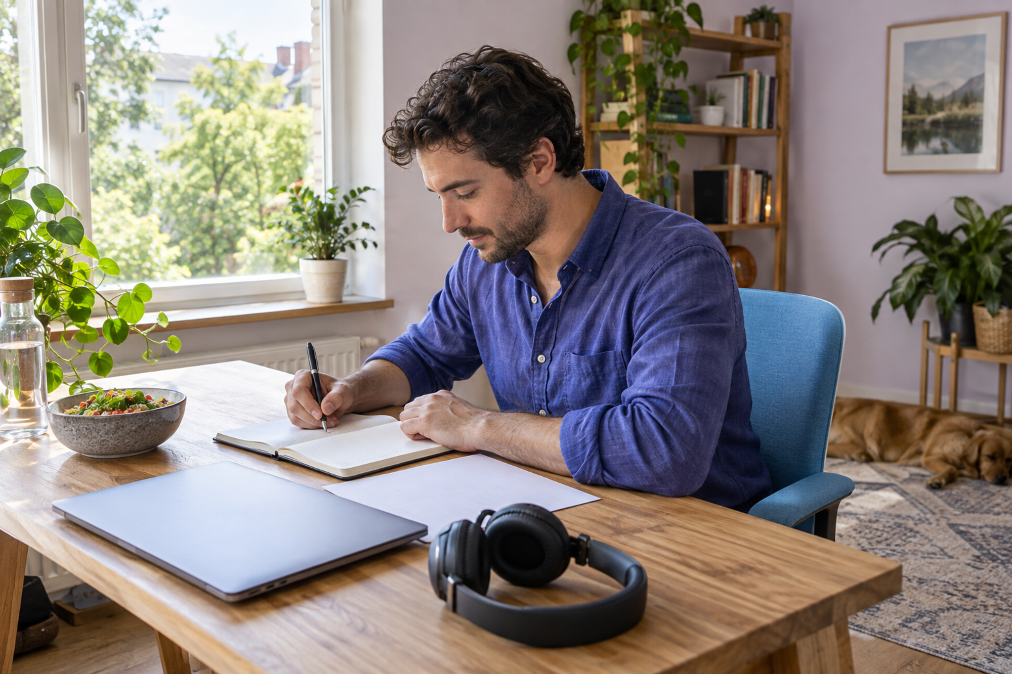 A remote colleague reflects on a learning session and writes a takeaway at a home office desk.