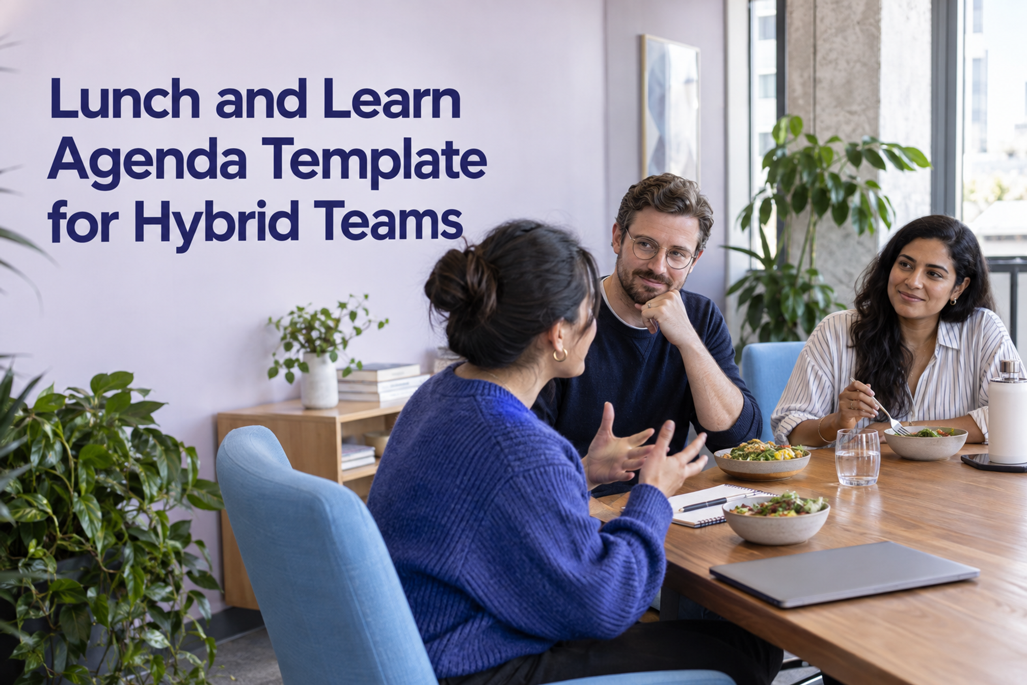 Colleagues take part in an informal office learning session beneath the title Lunch and Learn Agenda Template for Hybrid Teams.