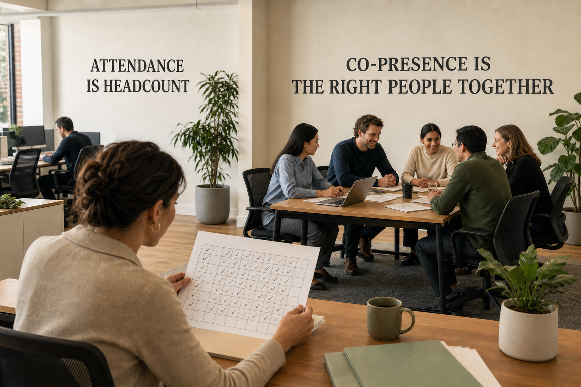 A workplace operator compares office headcount with a five-person team working together.