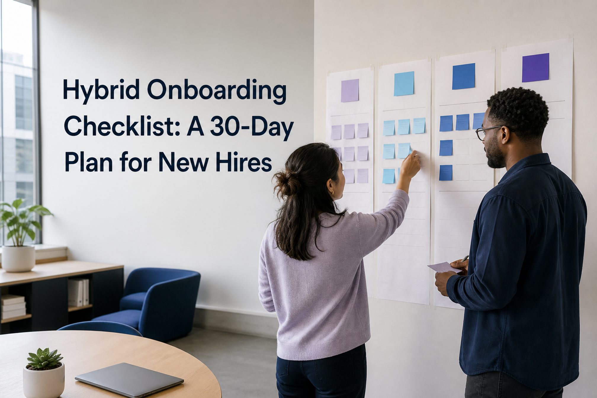Two colleagues map a 30-day hybrid onboarding plan beneath the title Hybrid Onboarding Checklist: A 30-Day Plan for New Hires.