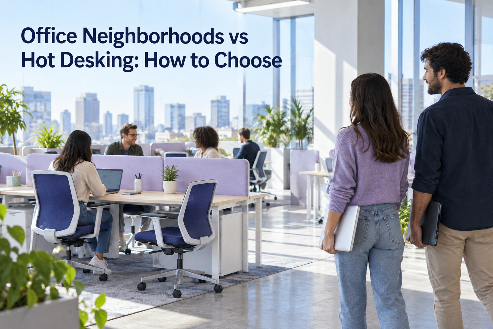 Coworkers approach a shared desk neighborhood beneath the title Office Neighborhoods vs Hot Desking: How to Choose.