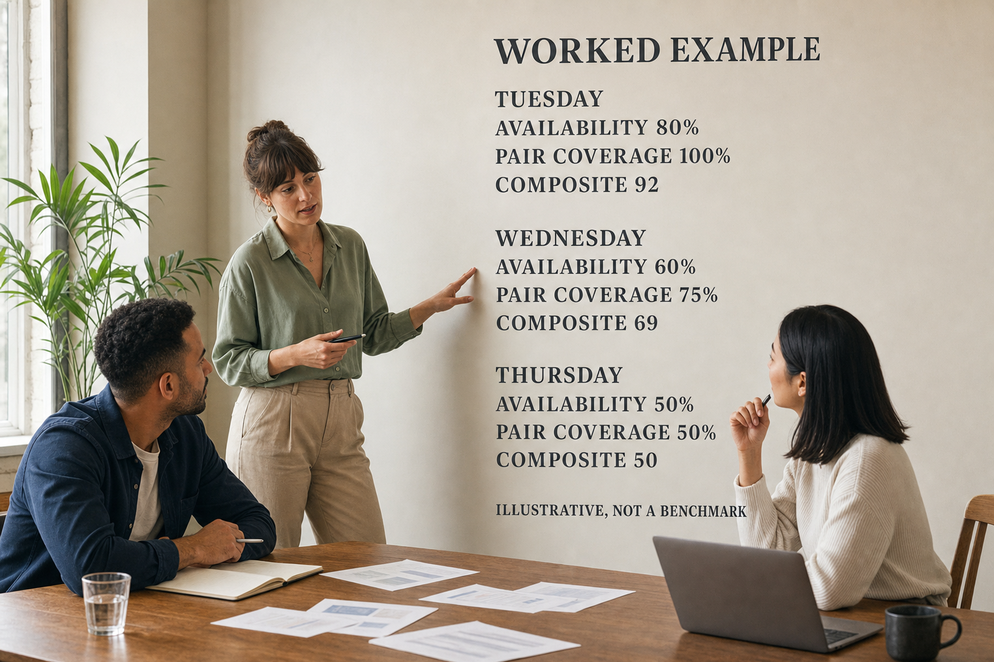 Three workplace operators review an illustrative example scoring Tuesday, Wednesday, and Thursday by availability, pair coverage, and composite score.