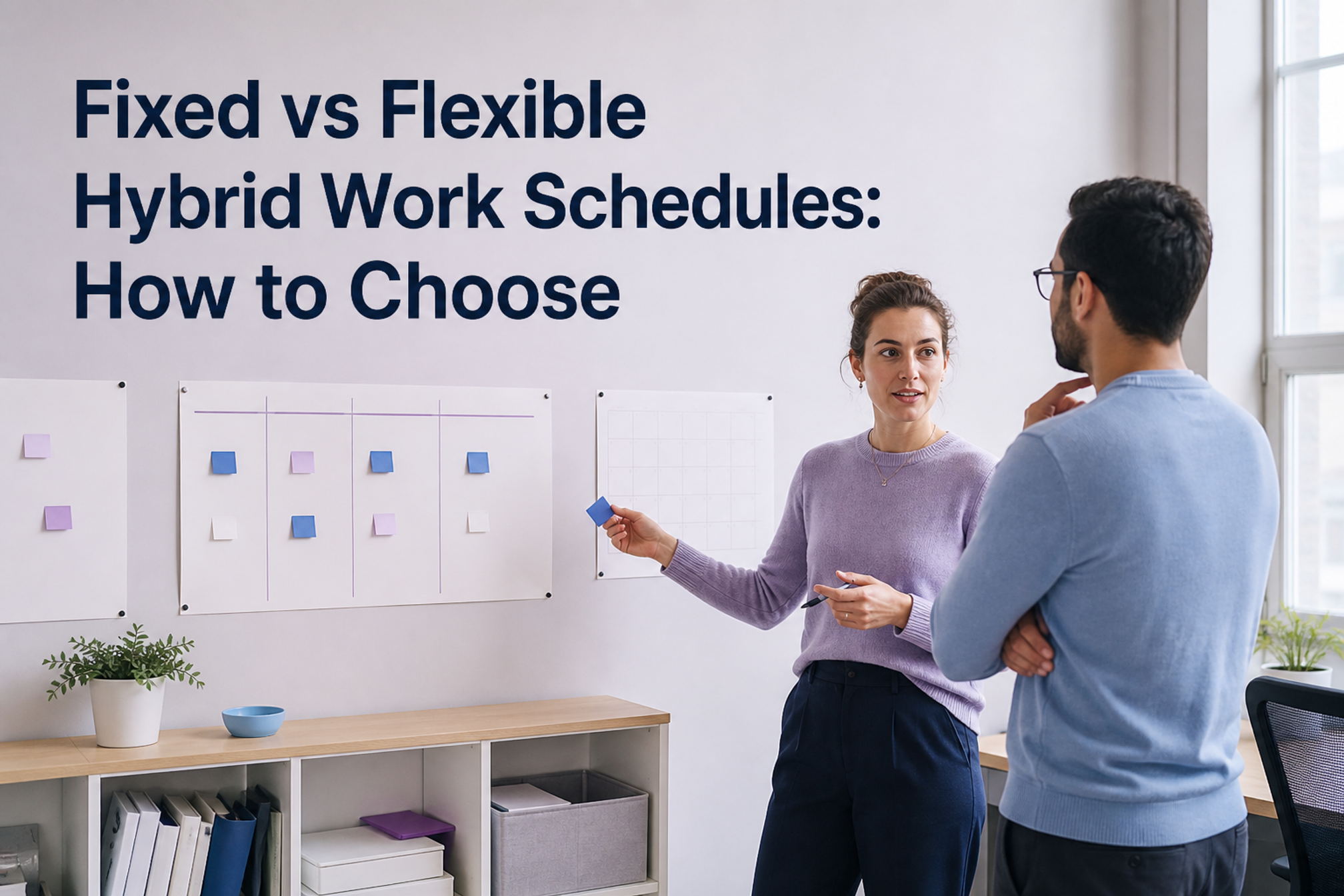 Two workplace operators compare schedule patterns beneath the title Fixed vs Flexible Hybrid Work Schedules: How to Choose.