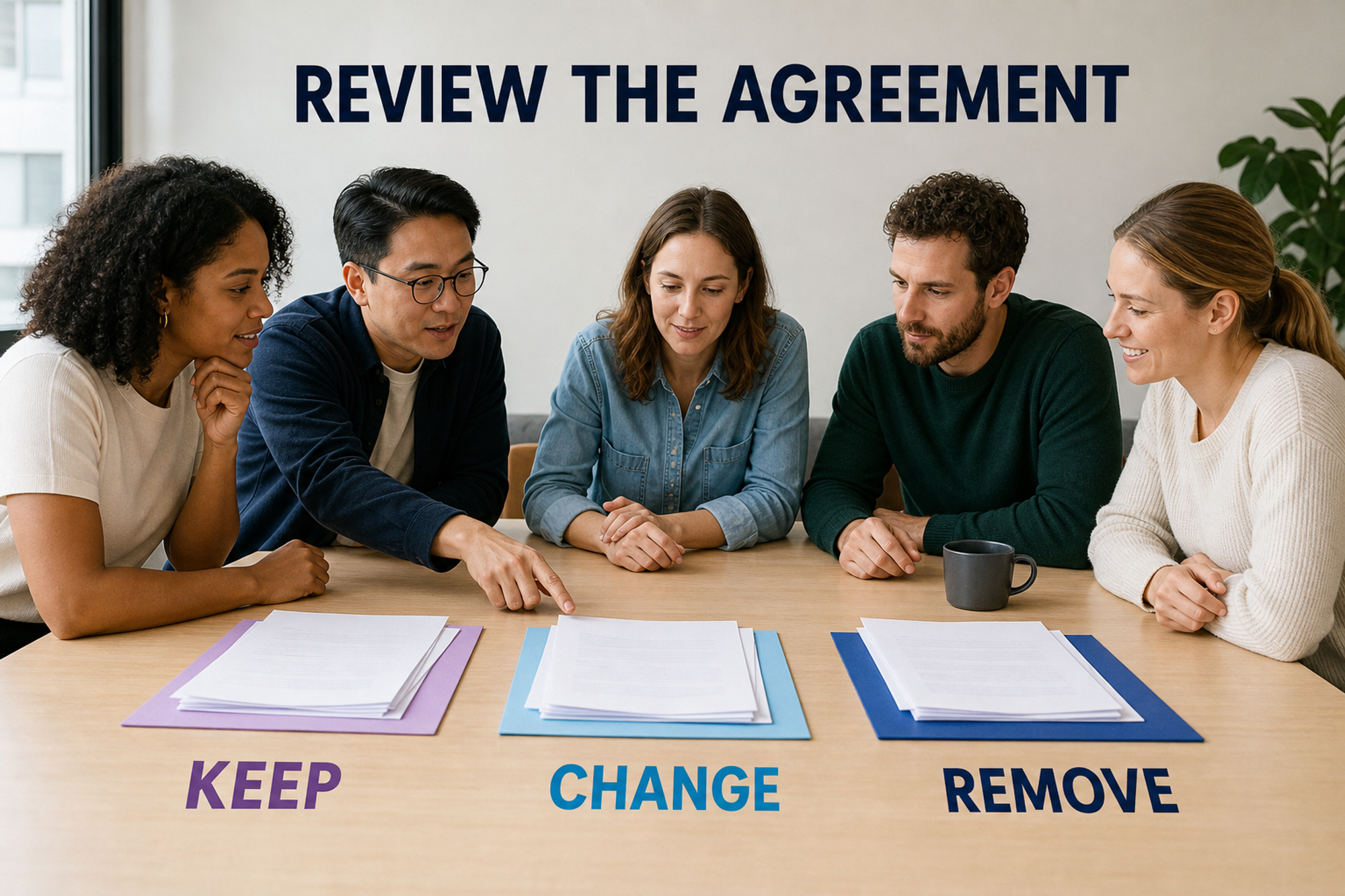 Five coworkers sort agreement rules into Keep, Change, and Remove groups during a review.
