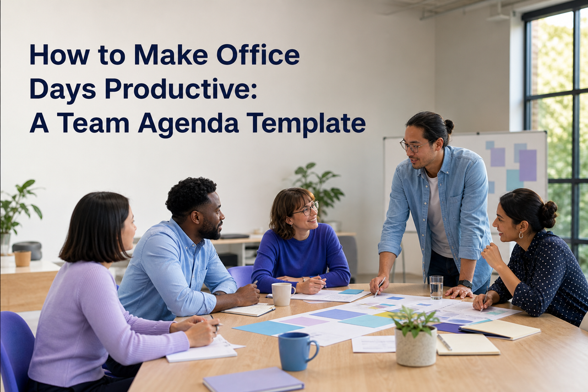 Five coworkers plan a purposeful office day beneath the title How to Make Office Days Productive: A Team Agenda Template.