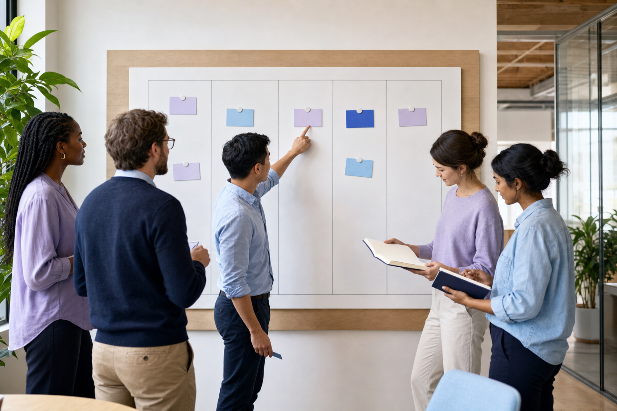 Five coworkers coordinate a shared office day around a physical five-column weekly planning board.