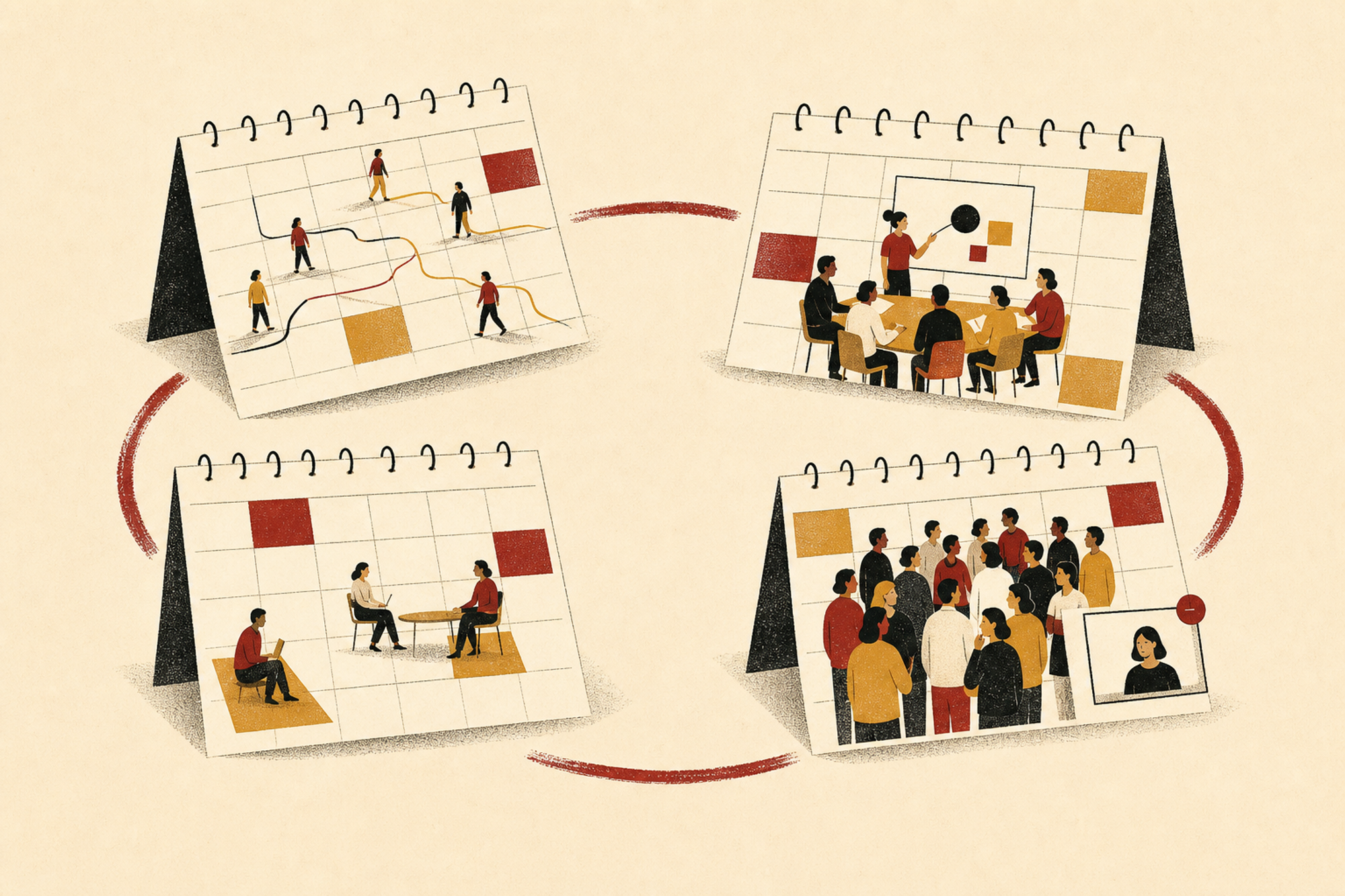 Four calendar scenes show a team testing, observing, adjusting, and repeating an anchor-day pilot.
