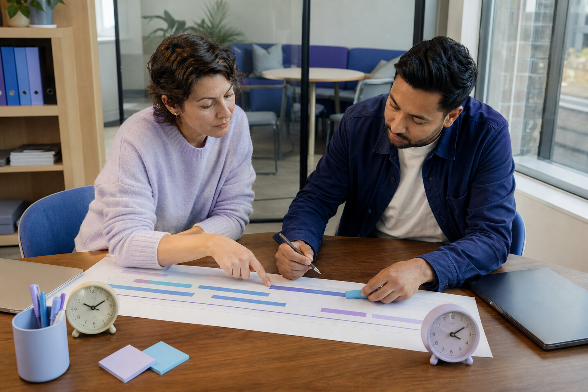 Two colleagues compare overlap windows on a paper timeline beside two clocks.