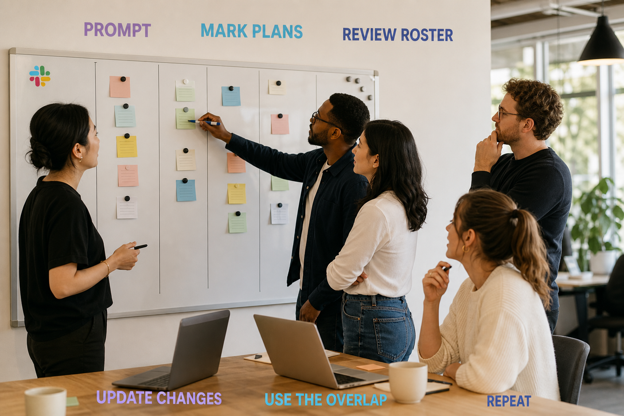 Five coworkers run a weekly planning loop from prompt through useful office overlap, with the official Slack logo.