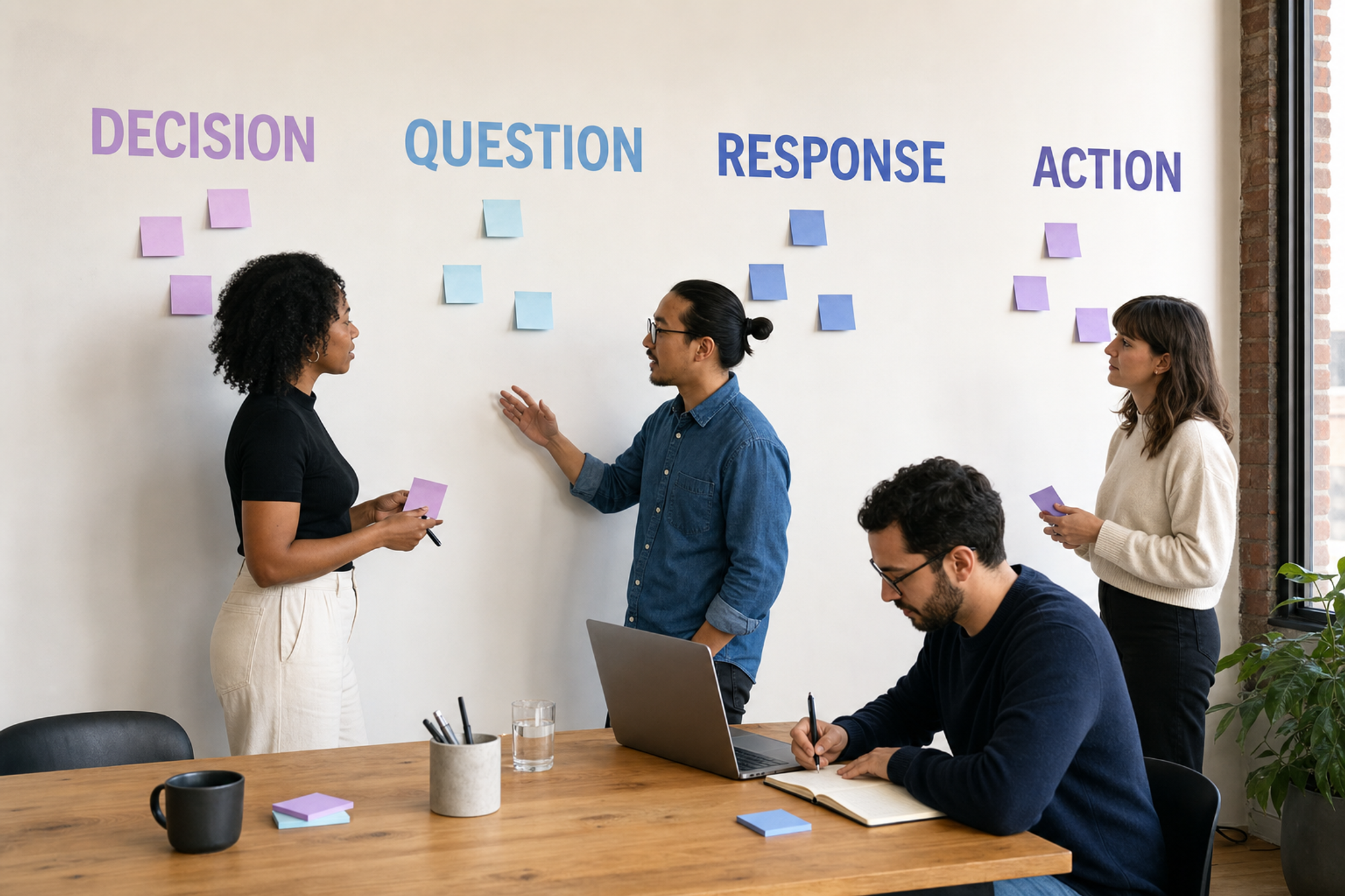 A People Ops workshop wall shows the sequence Decision, Question, Response, Action.