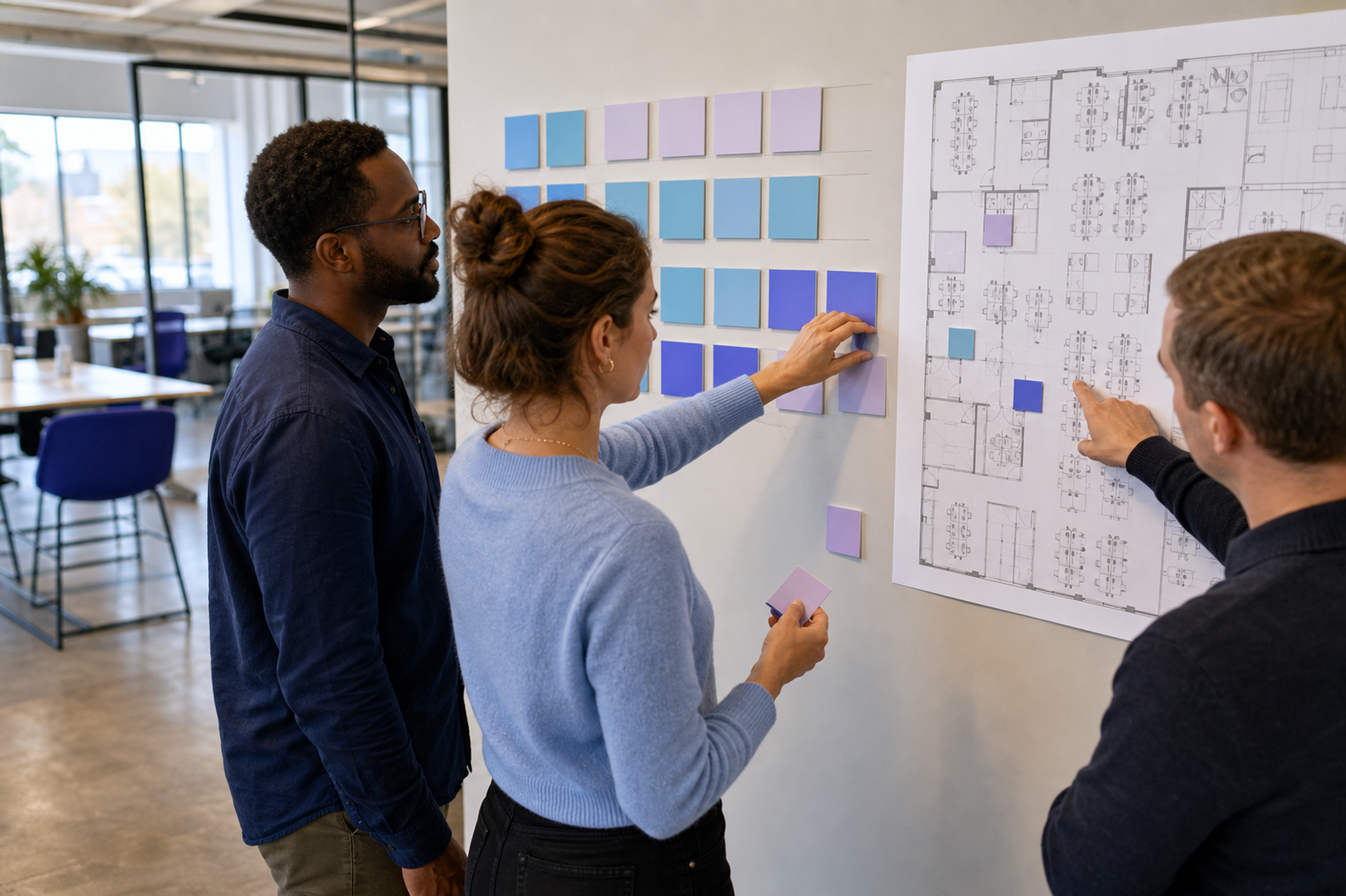 Three workplace operators compare blank weekday attendance blocks with a printed office floor plan.