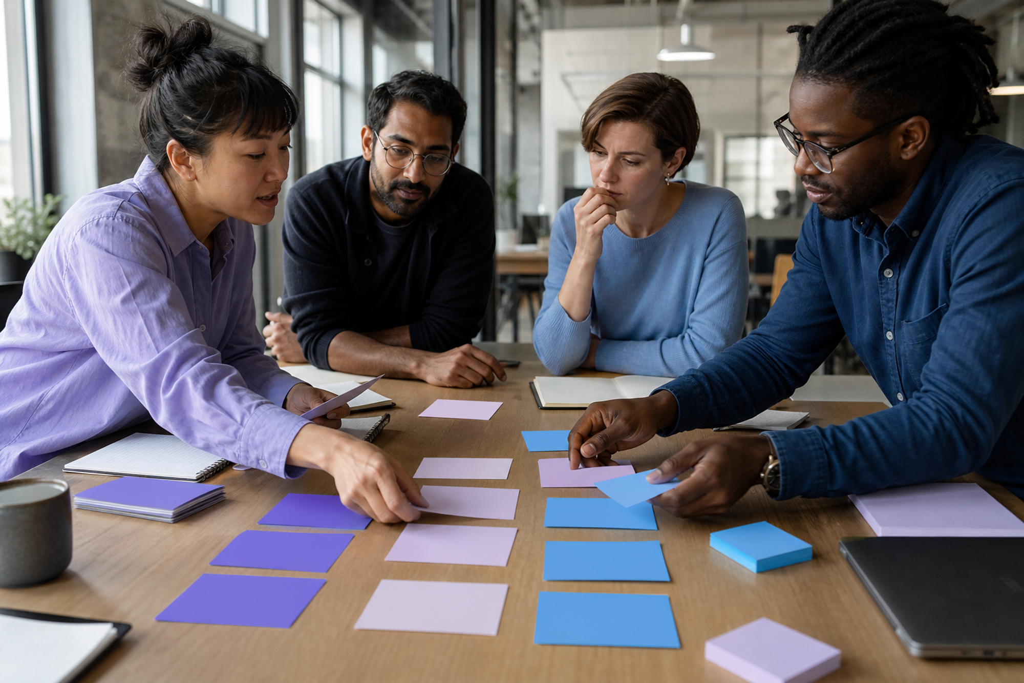 Four coworkers sort blank agenda cards to decide which work belongs in a shared office day.