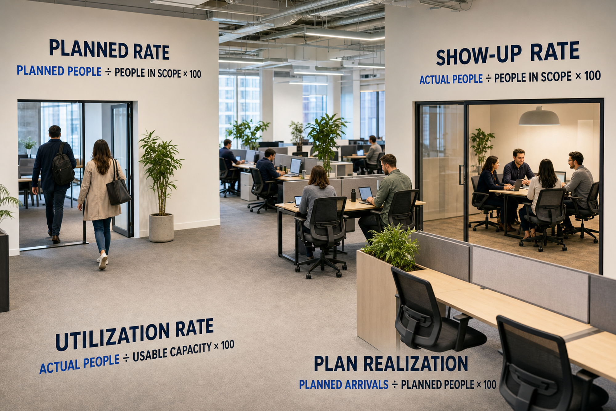 Four office attendance formulas over a workplace scene: planned rate, show-up rate, utilization rate, and plan realization.