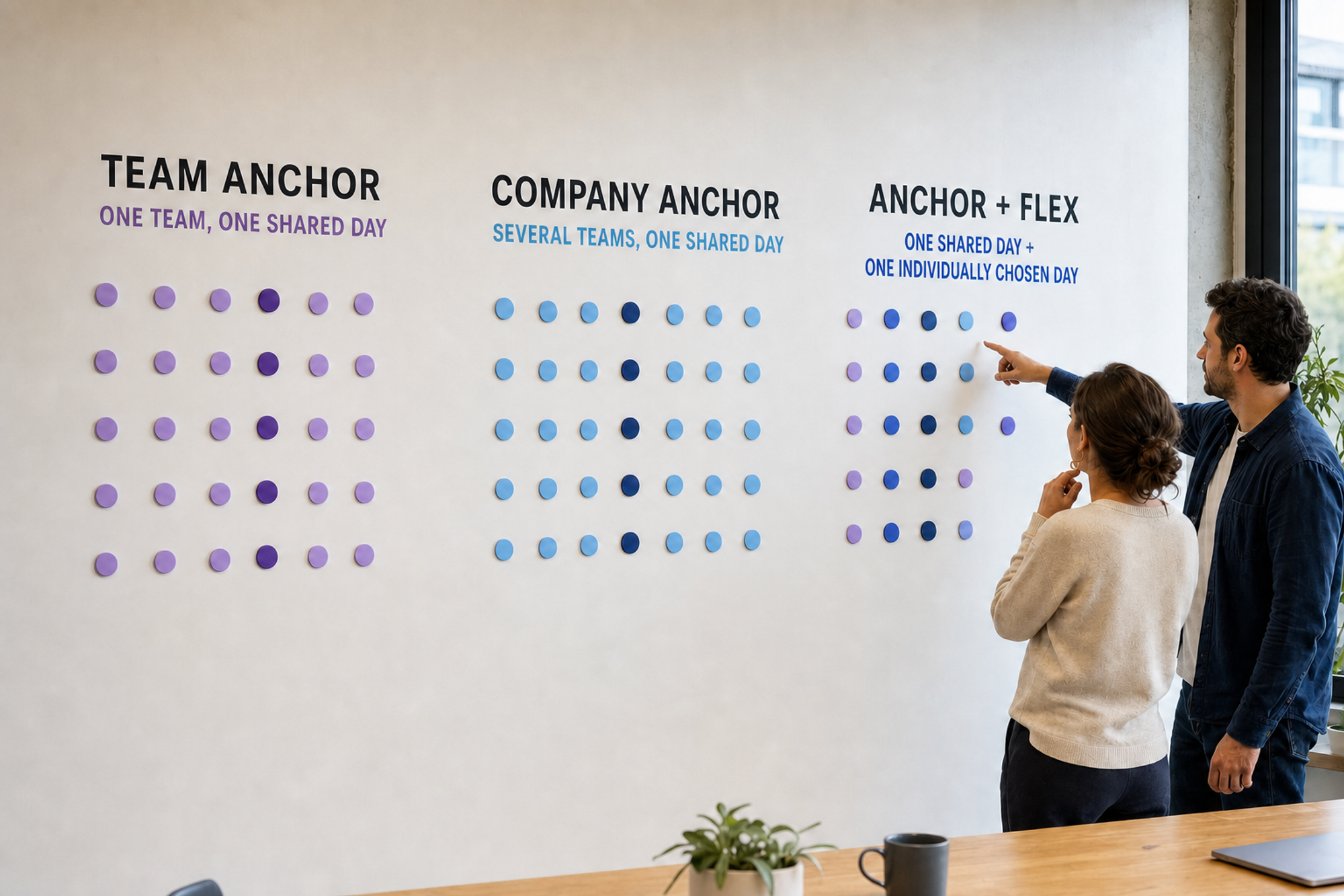 A workplace planning wall compares Team Anchor, Company Anchor, and Anchor + Flex schedule models.