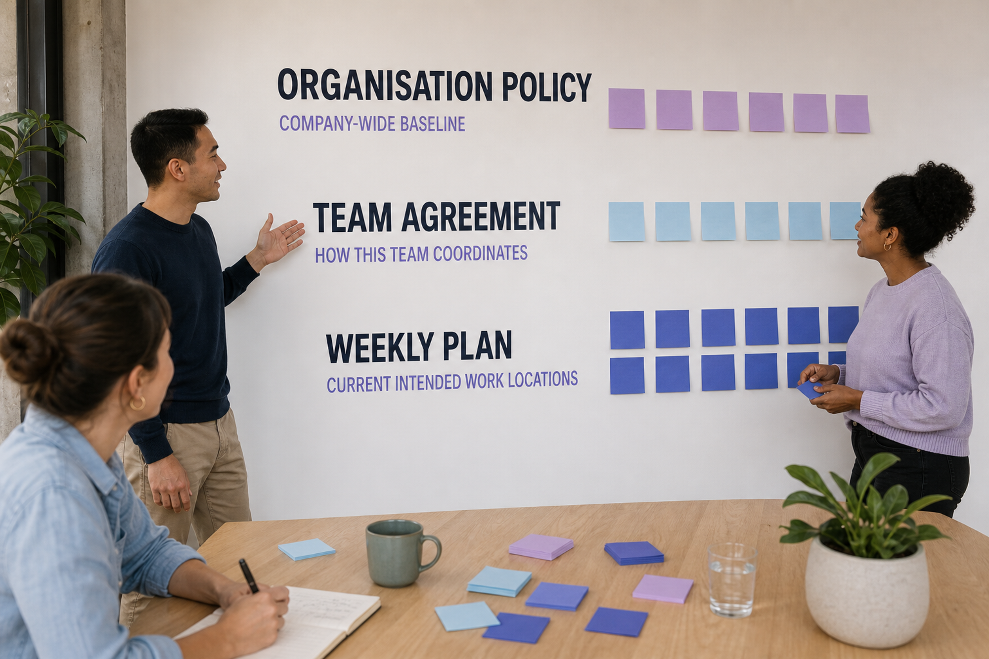 A planning wall distinguishes organisation policy, team agreement, and the current weekly plan.
