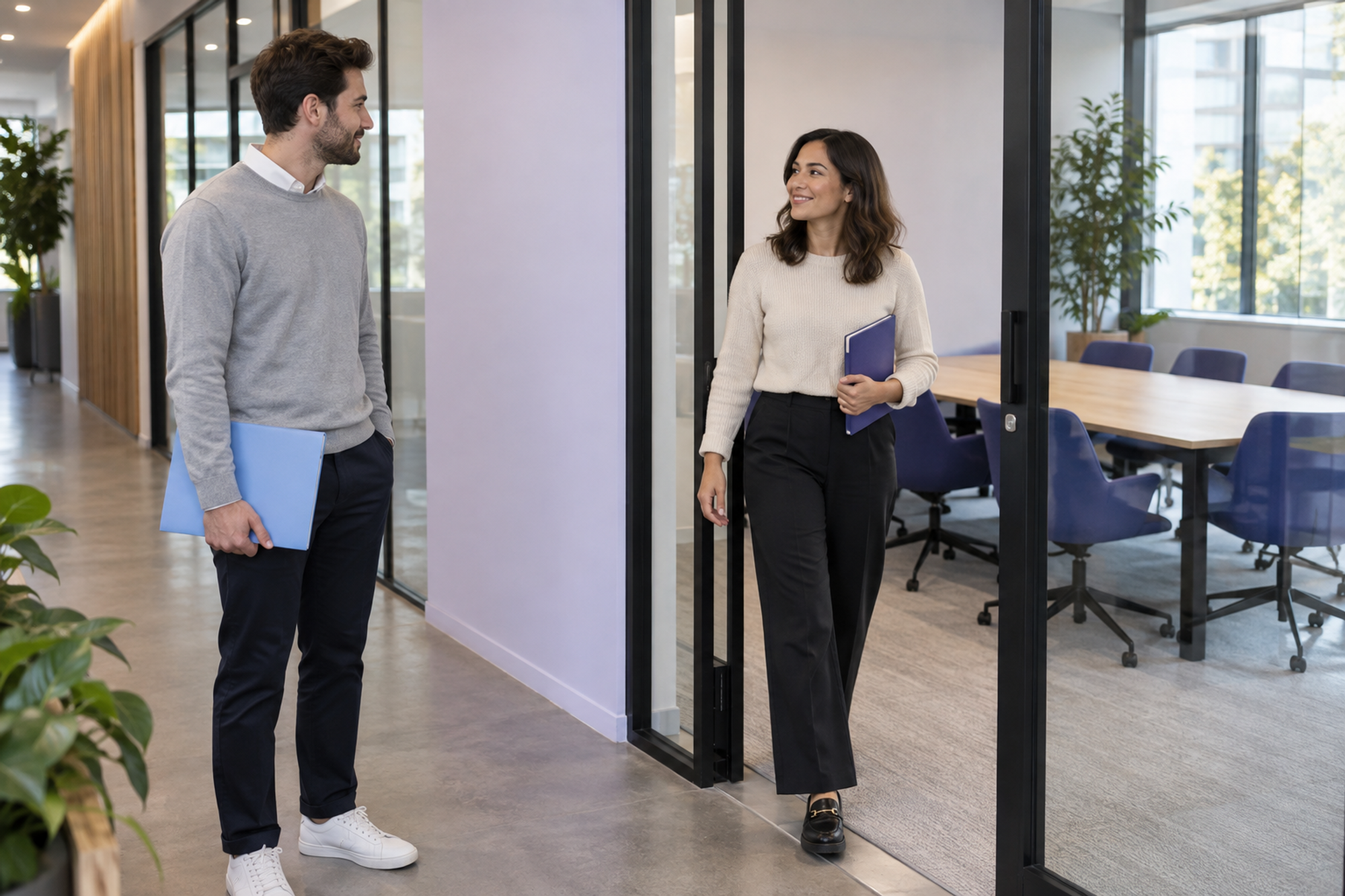 One colleague leaves a meeting room while another waits clear of the doorway for the handover.