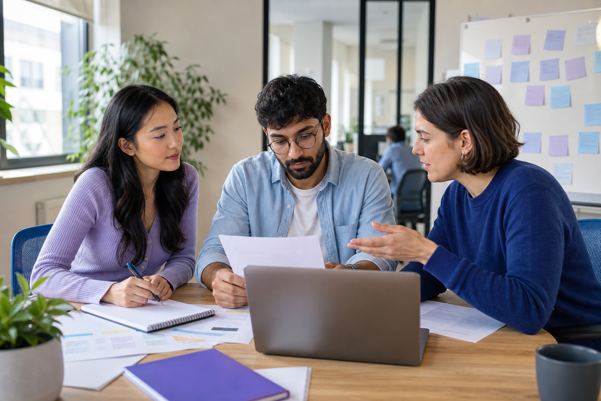 A hybrid new hire practises a real workflow with an onboarding buddy and a cross-functional colleague.