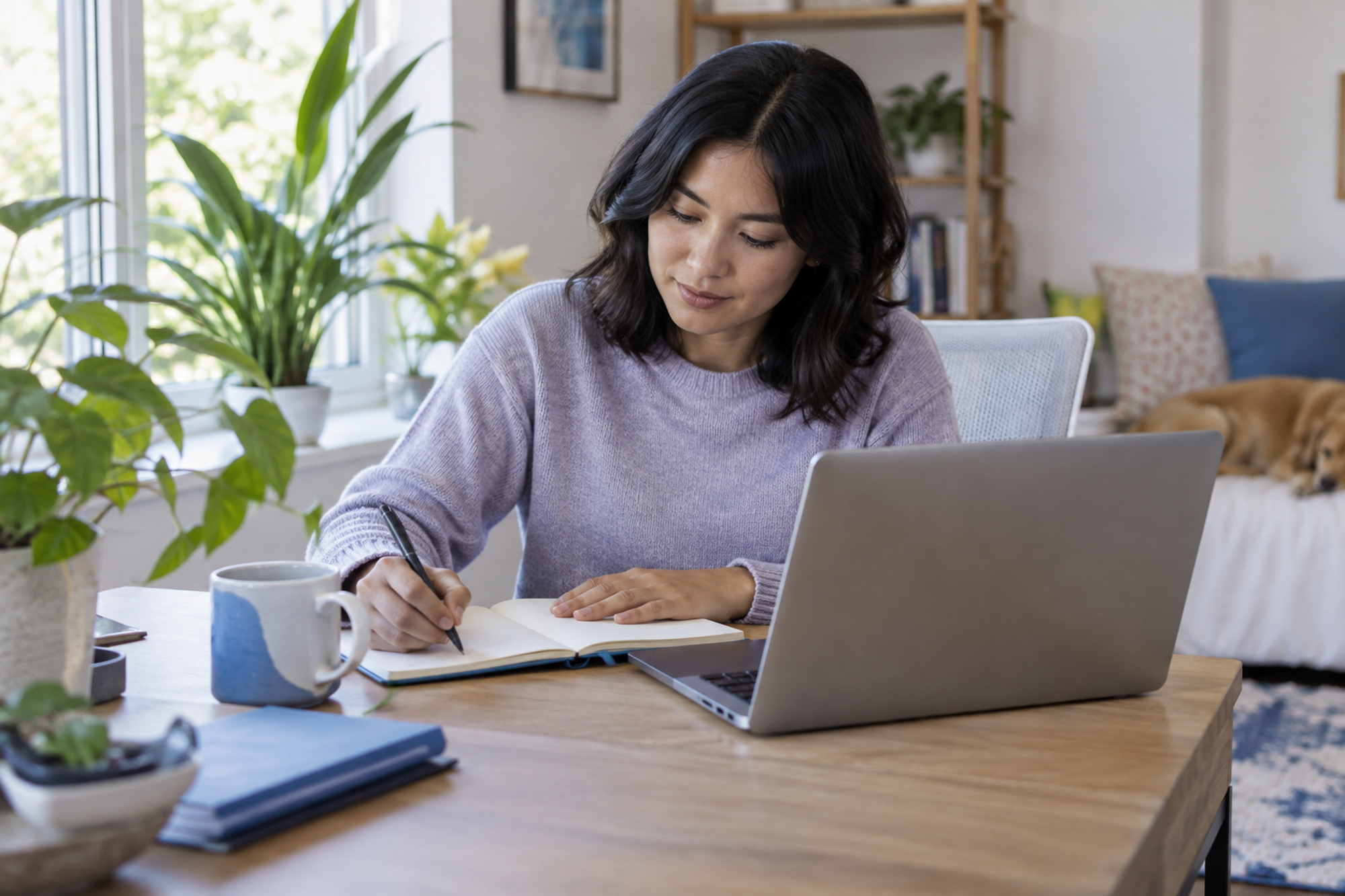 A remote teammate writes a follow-up note at a home office desk after a planning conversation.