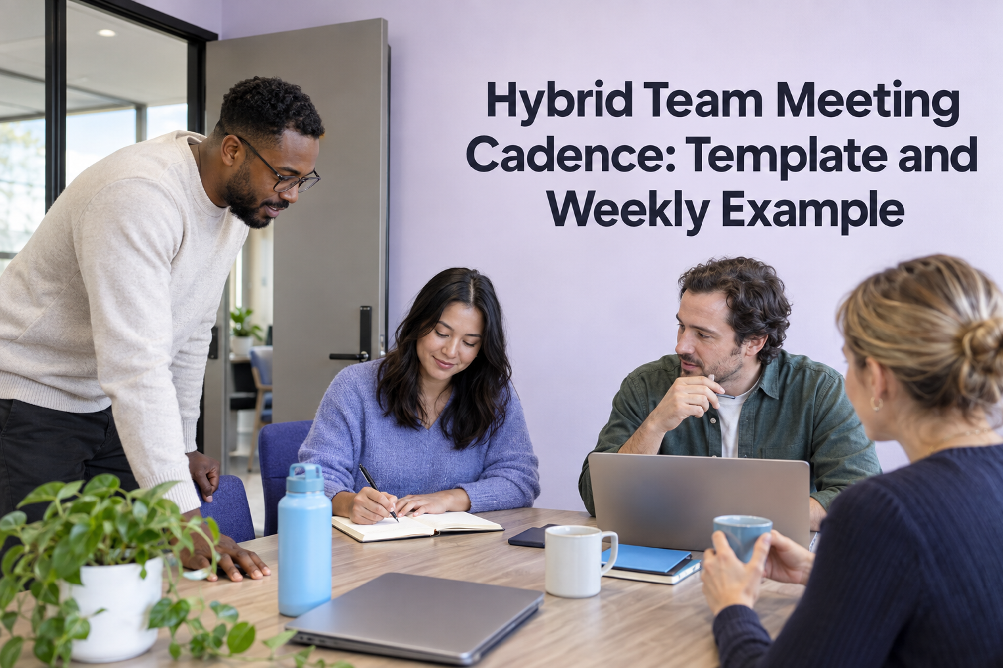 Four colleagues plan a hybrid meeting cadence beneath the title Hybrid Team Meeting Cadence: Template and Weekly Example.