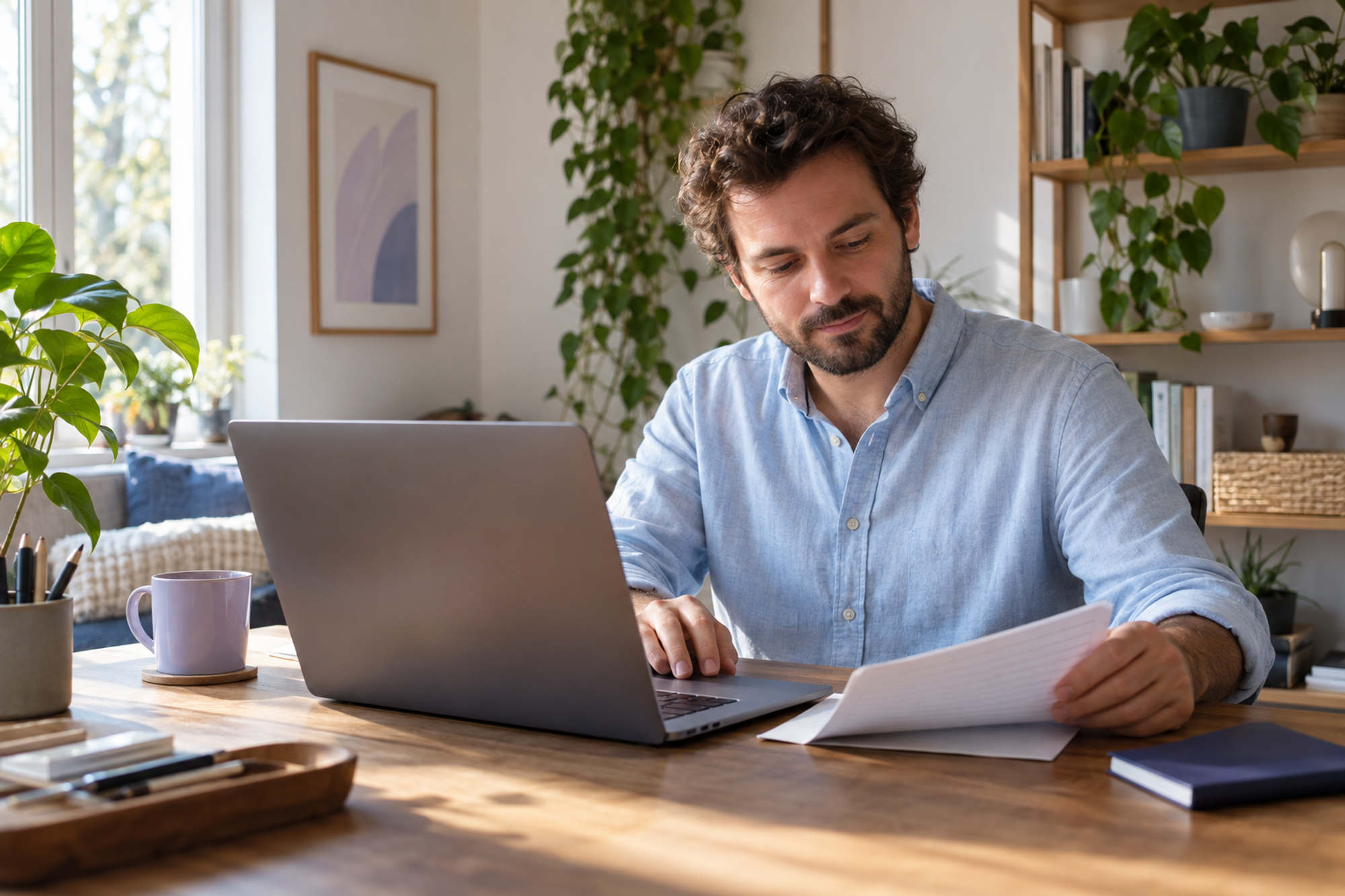 A colleague reads a work brief and begins a response from a home office.