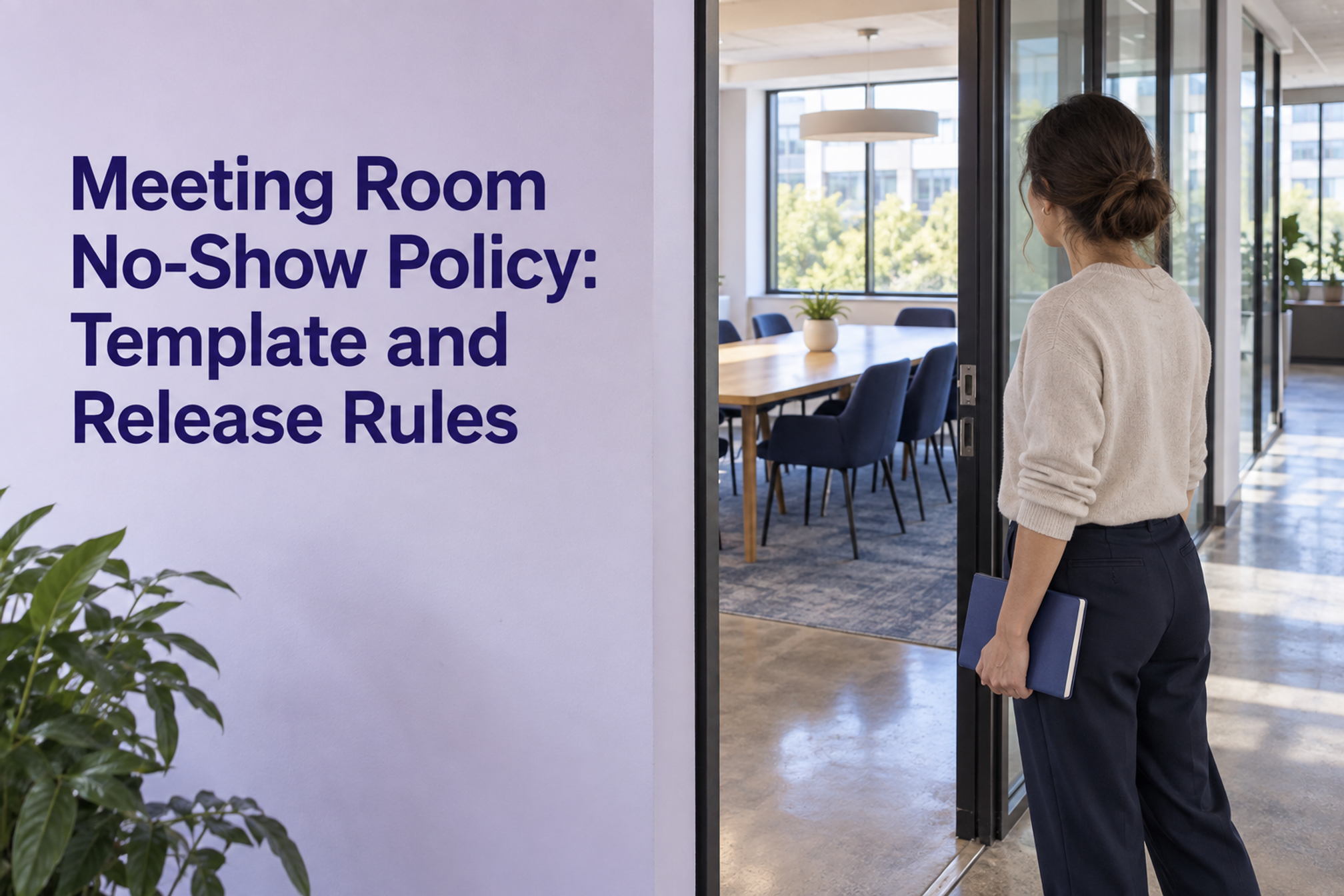 A workplace coordinator looks into an empty meeting room beneath the title Meeting Room No-Show Policy: Template and Release Rules.