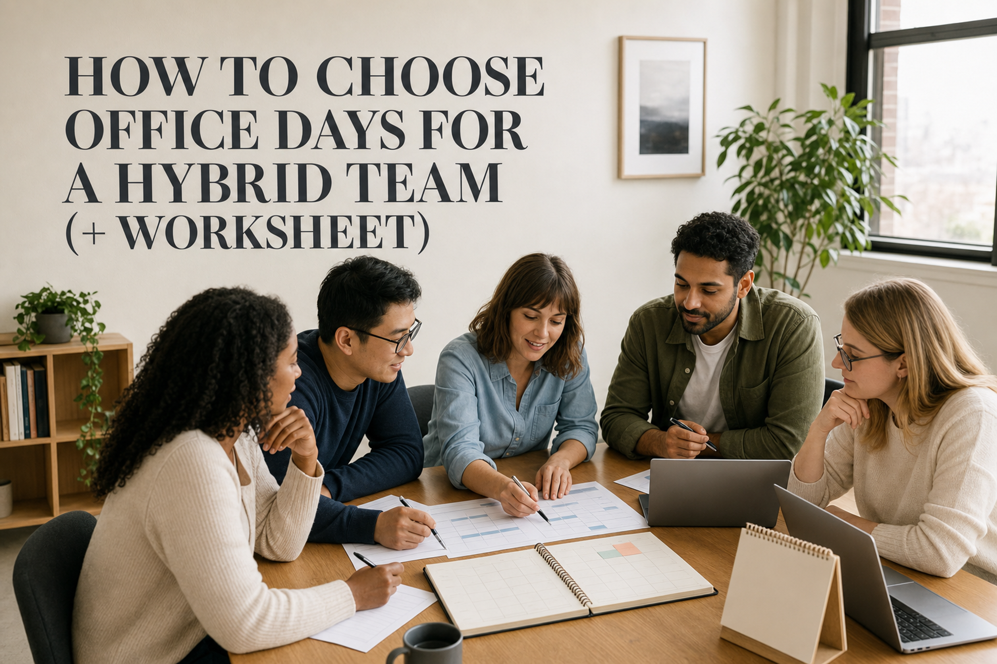 Five hybrid team coworkers use a worksheet to choose office days beneath the article title.