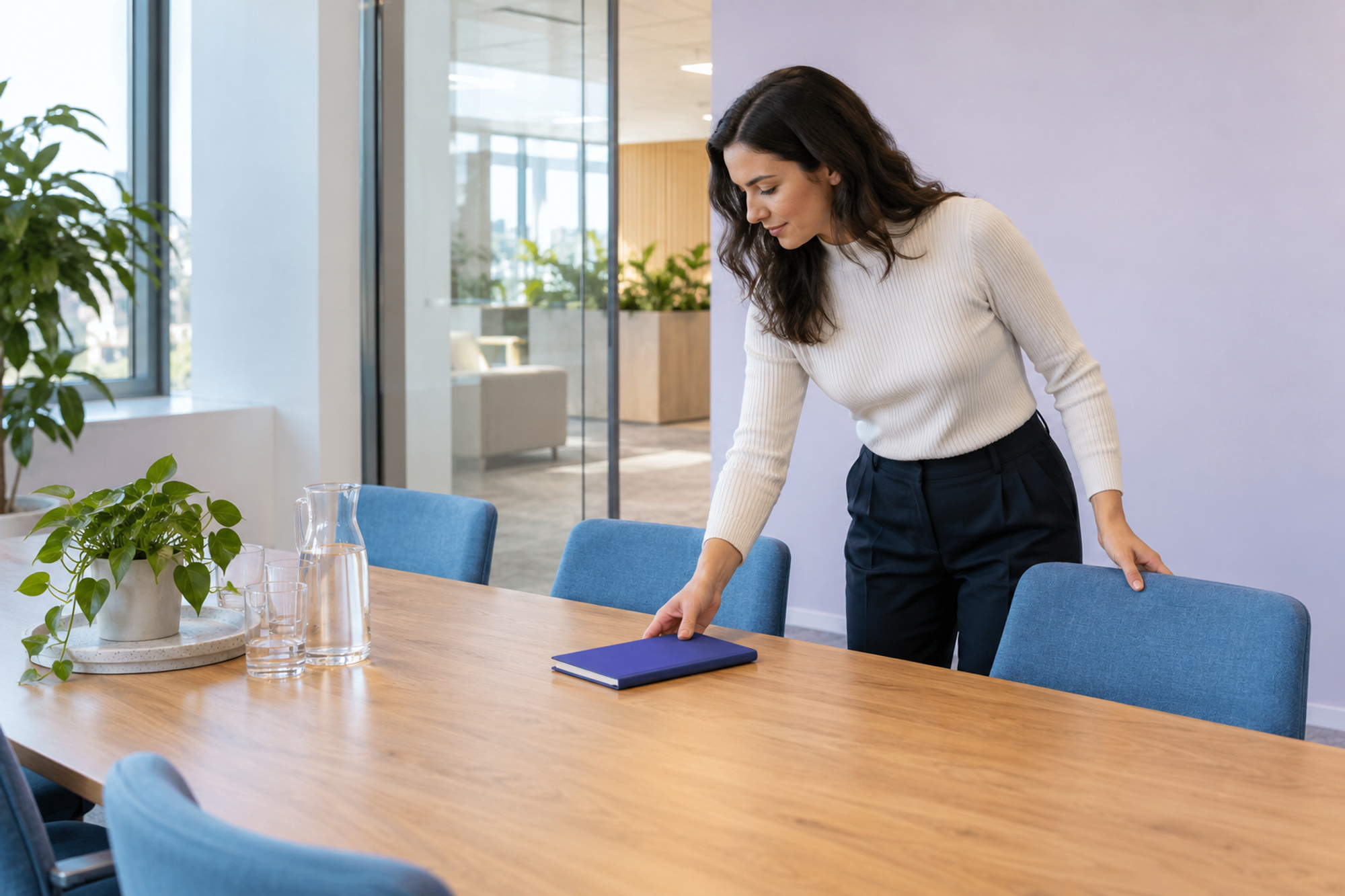 A workplace operator prepares a shared meeting room for colleagues.