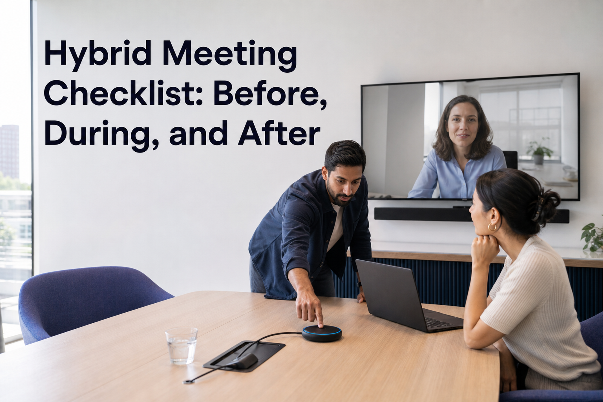 Three coworkers test a hybrid meeting room beneath the title Hybrid Meeting Checklist: Before, During, and After.