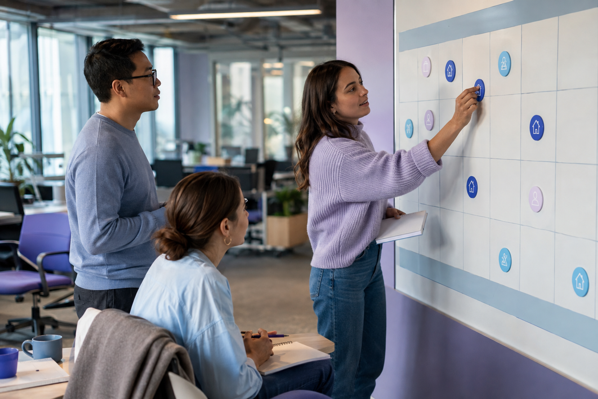 Three coworkers review a weekly work location board while one person updates a single office-day marker.
