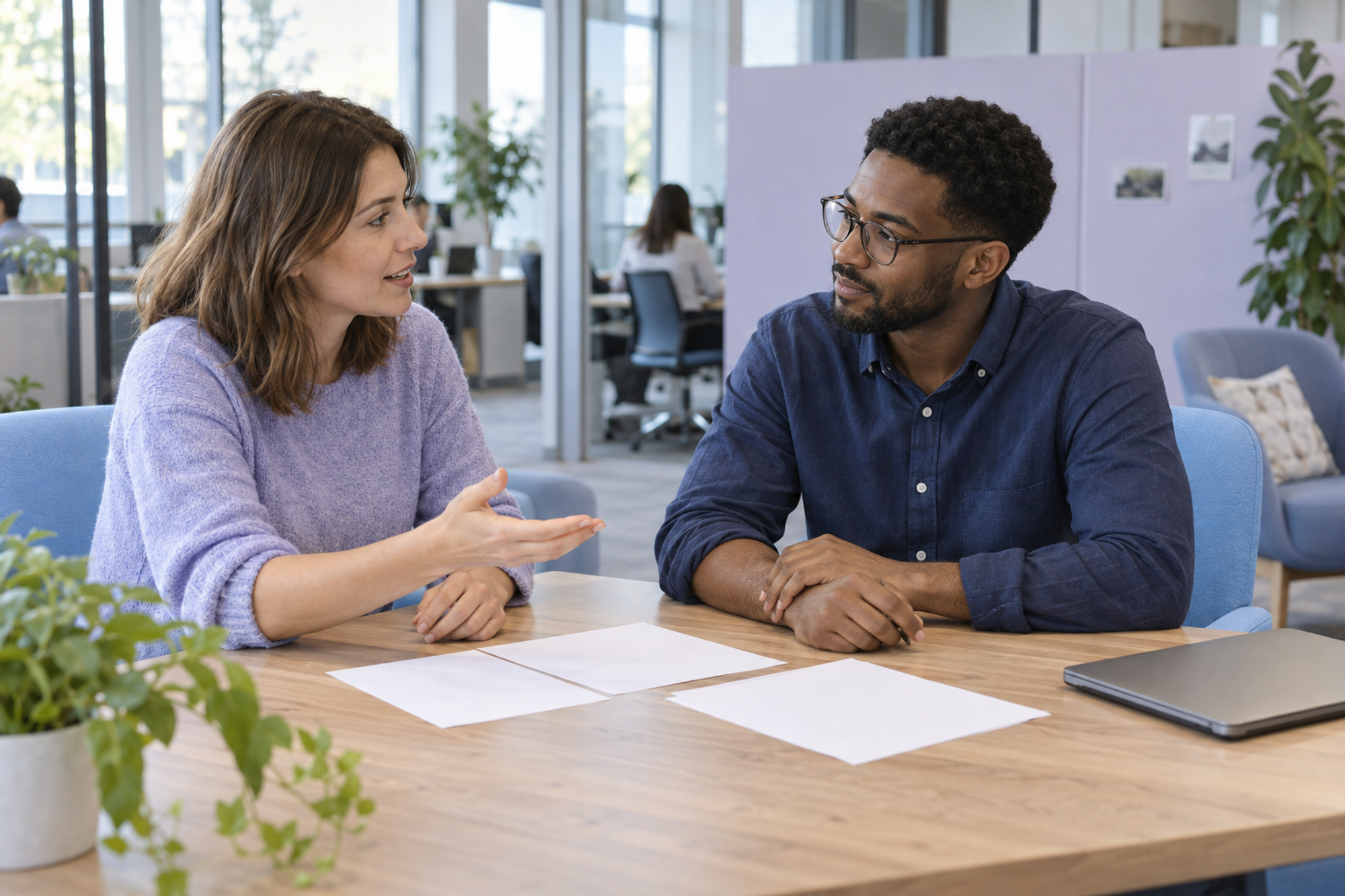 Two colleagues discuss a change to their working practices at an office table.