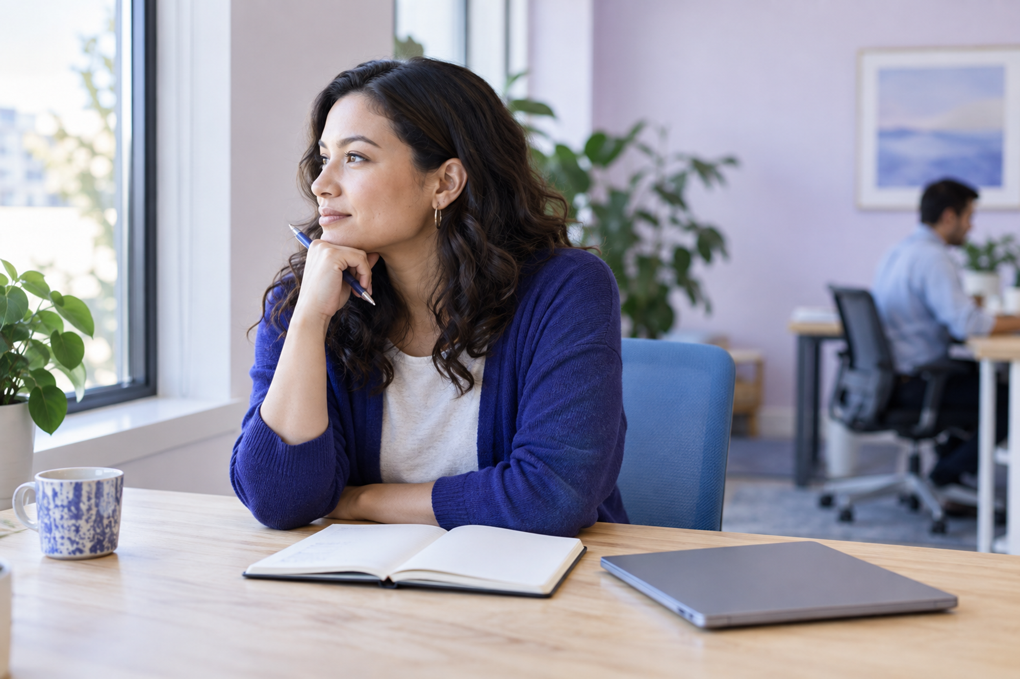 A colleague pauses with a notebook before contributing to a team retrospective.