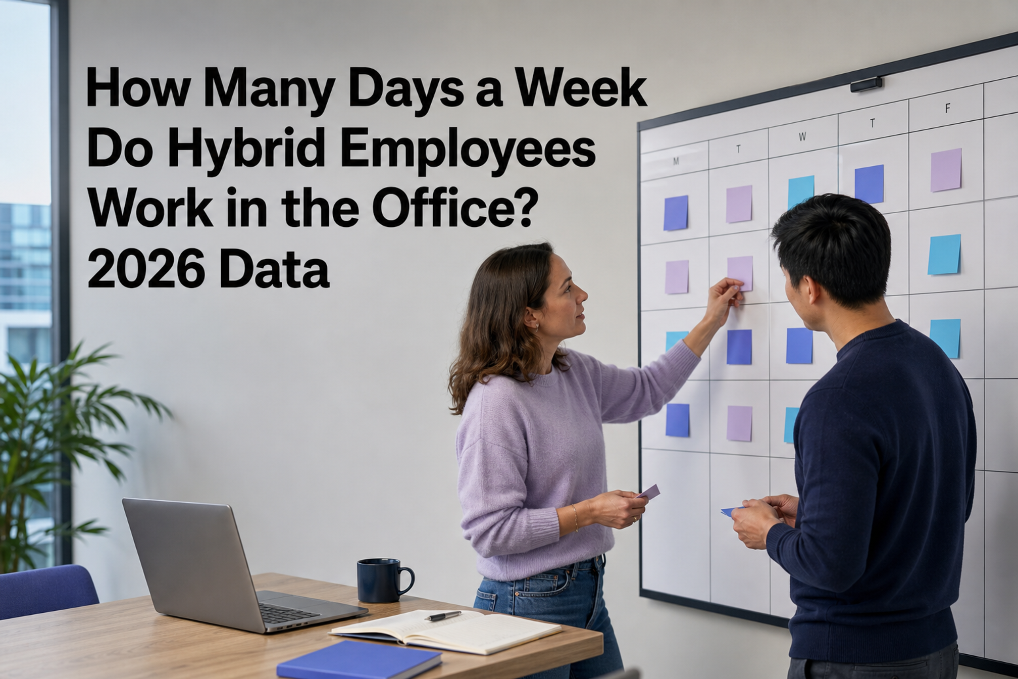 Two coworkers plan weekly office attendance beneath the title How Many Days a Week Do Hybrid Employees Work in the Office? 2026 Data.