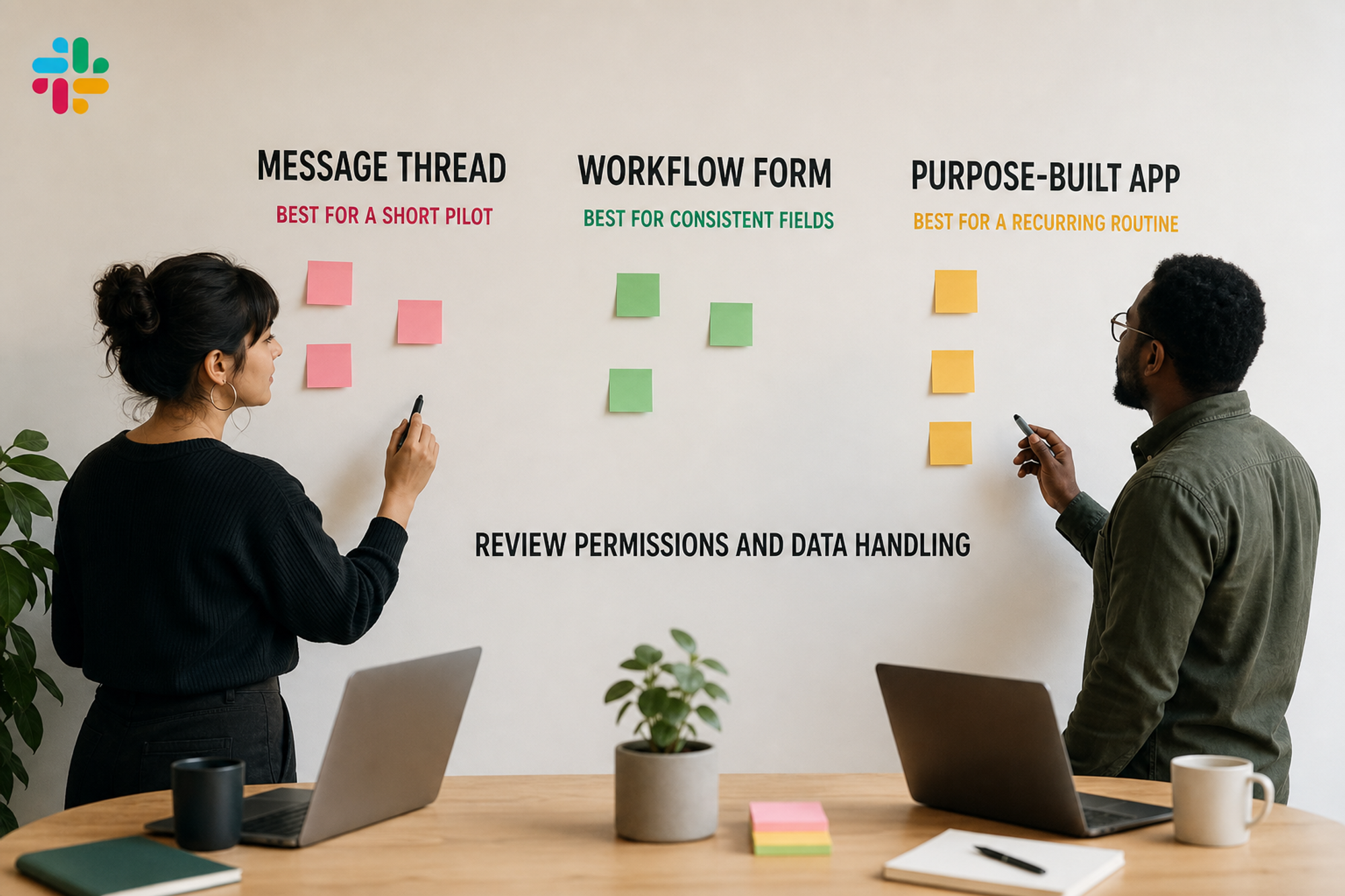 Two workplace operators compare a message thread, workflow form, and purpose-built app, with the official Slack logo.
