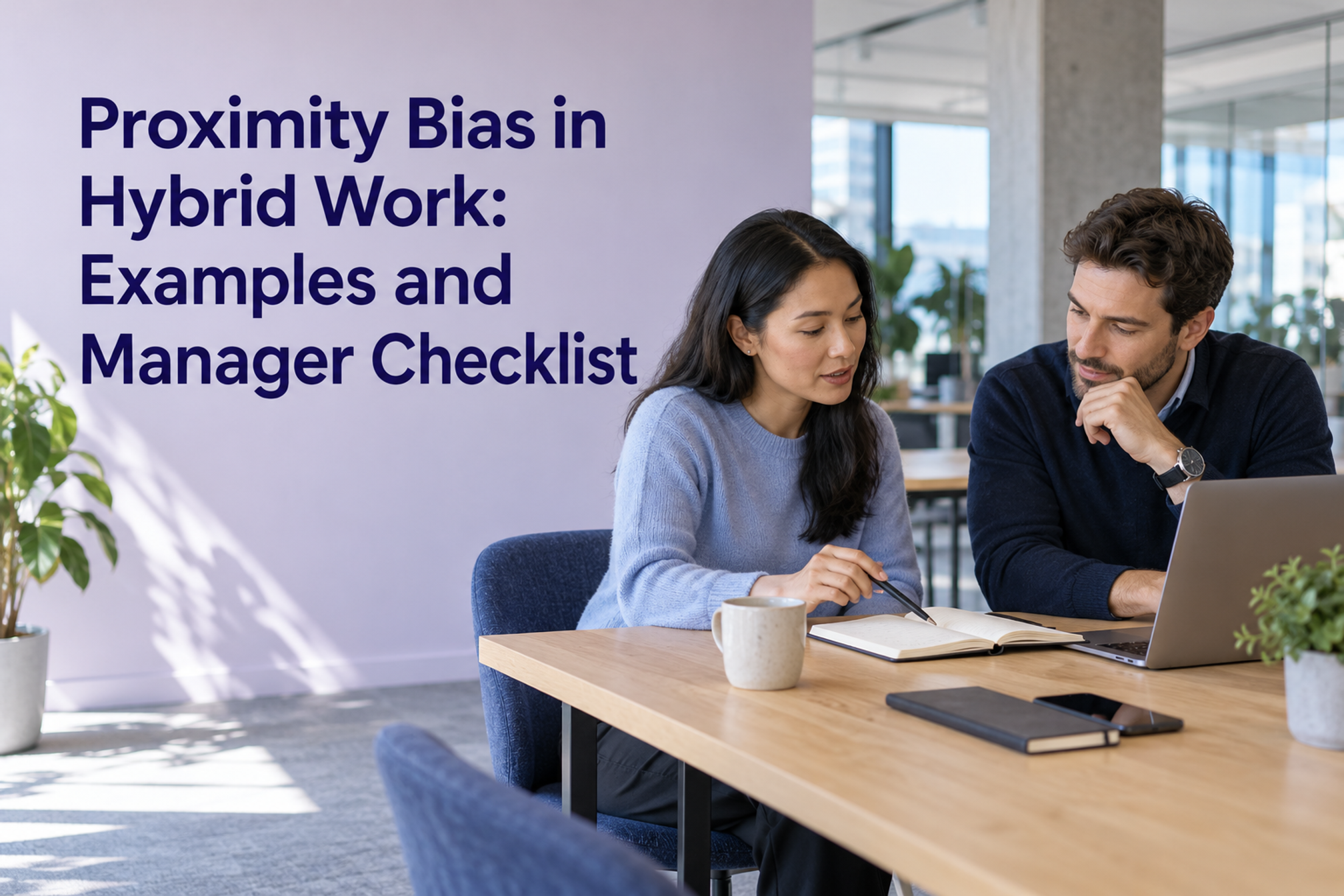Two colleagues review work beside the title Proximity Bias in Hybrid Work: Examples and Manager Checklist.