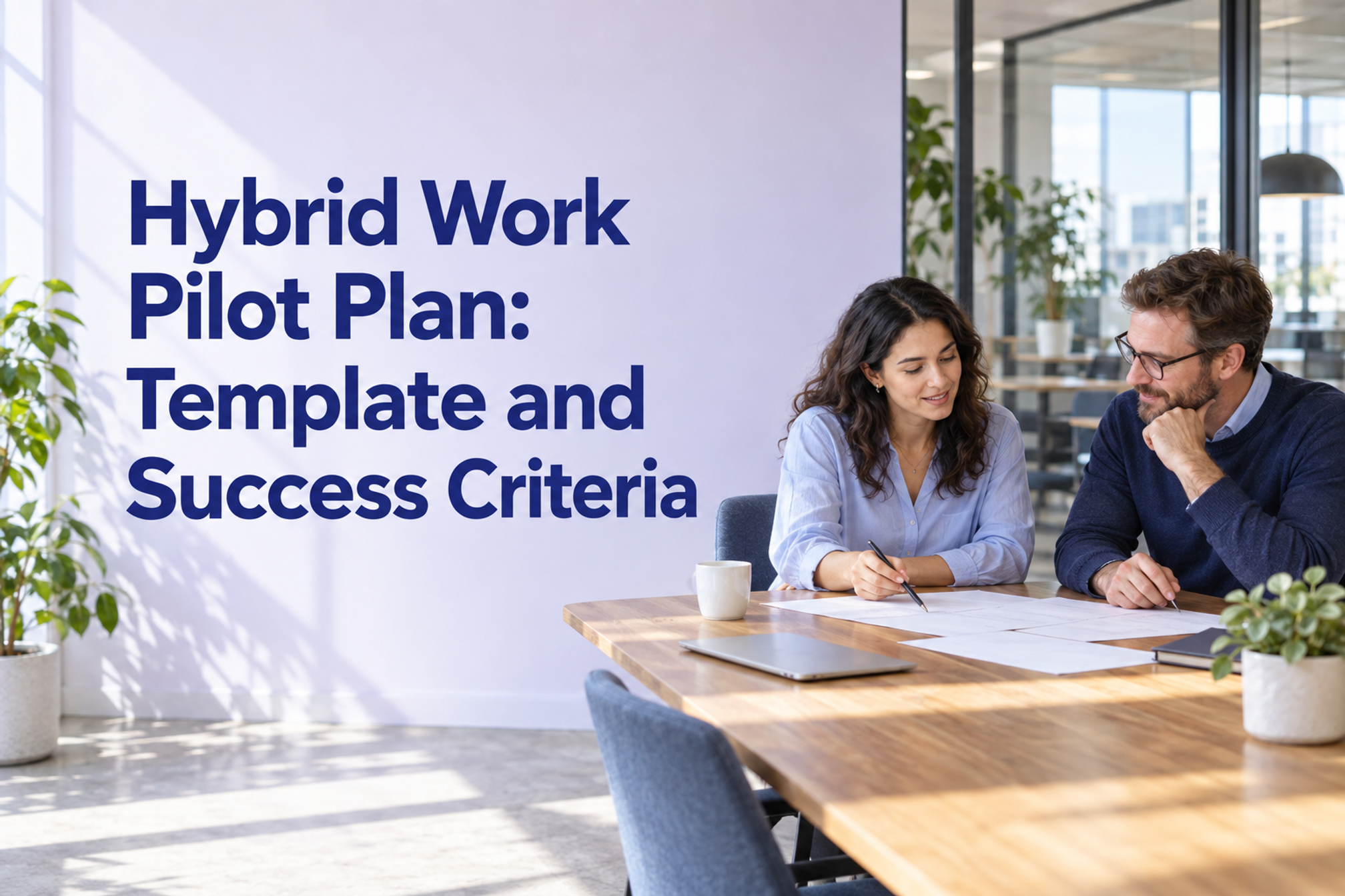Two colleagues plan a workplace trial beneath the title Hybrid Work Pilot Plan: Template and Success Criteria.