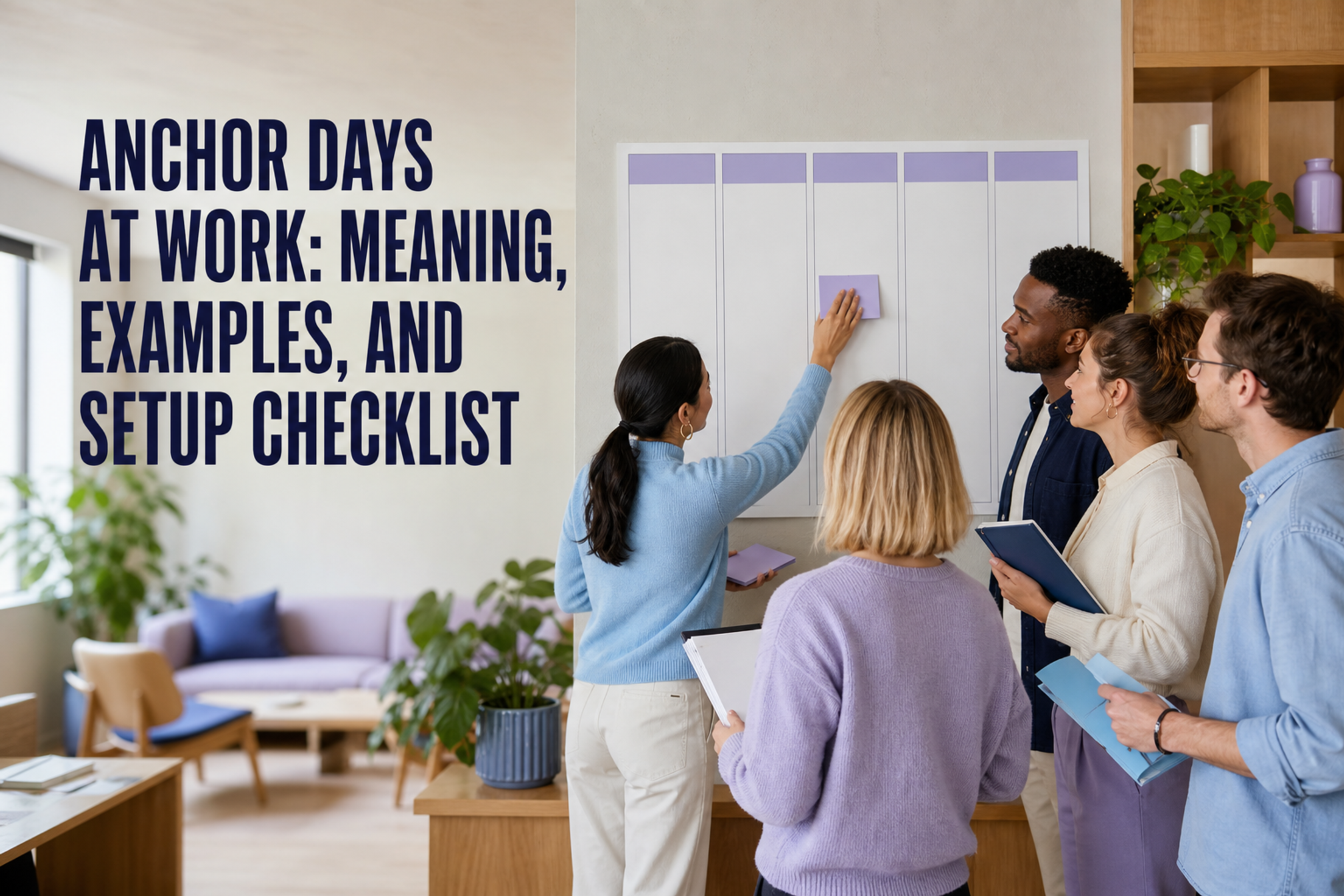 Five coworkers choose a shared day on a weekly planner beneath the title Anchor Days at Work: Meaning, Examples, and Setup Checklist.