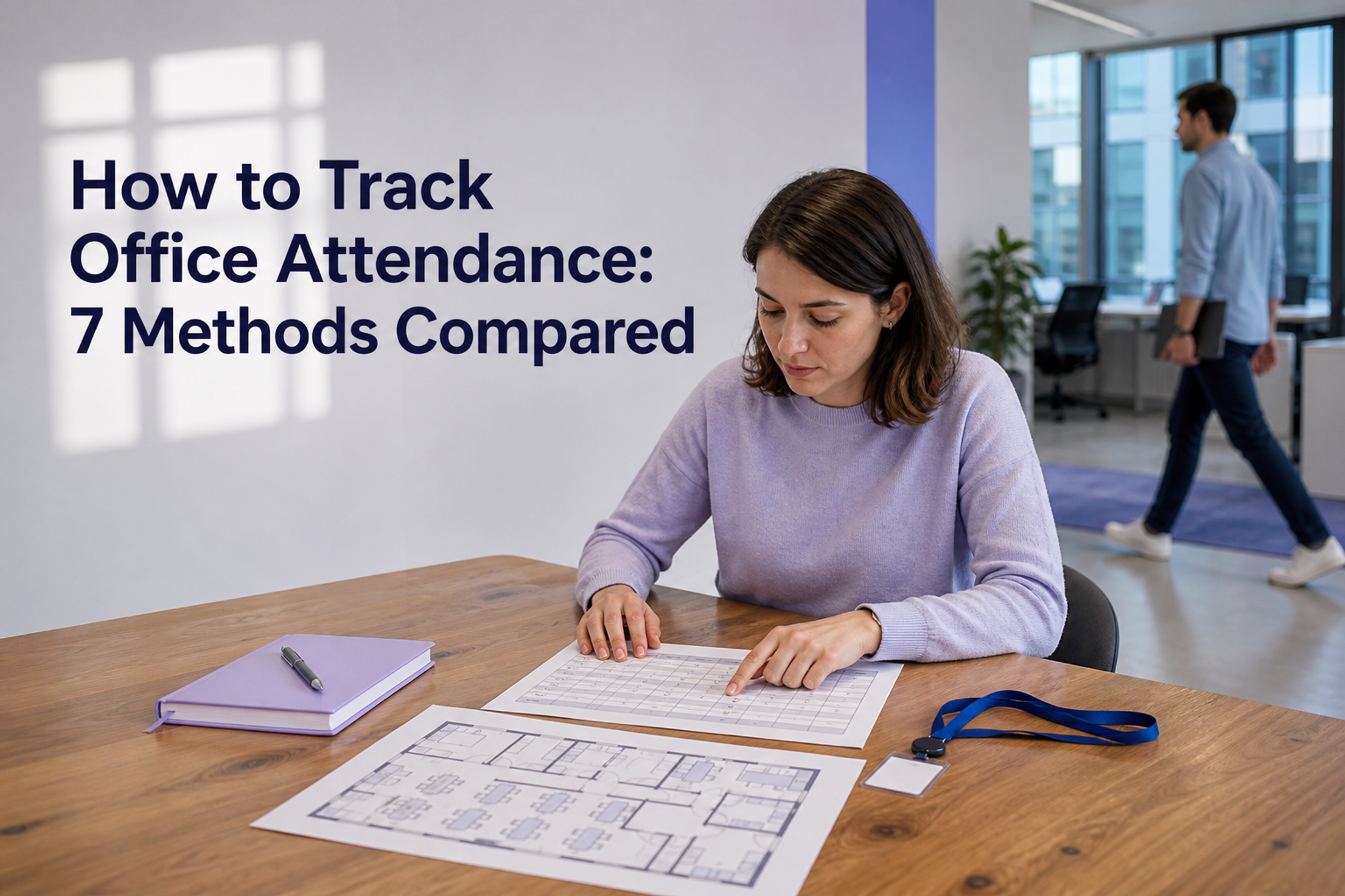 A workplace operator reviews an office attendance plan beneath the title How to Track Office Attendance: 7 Methods Compared.