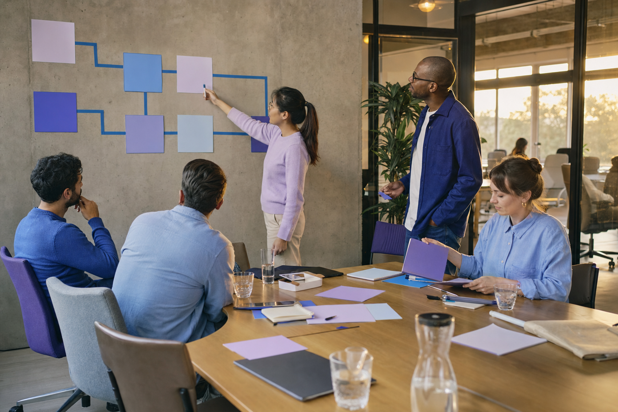 Five coworkers close an office-day workshop by reviewing next steps on a planning wall.